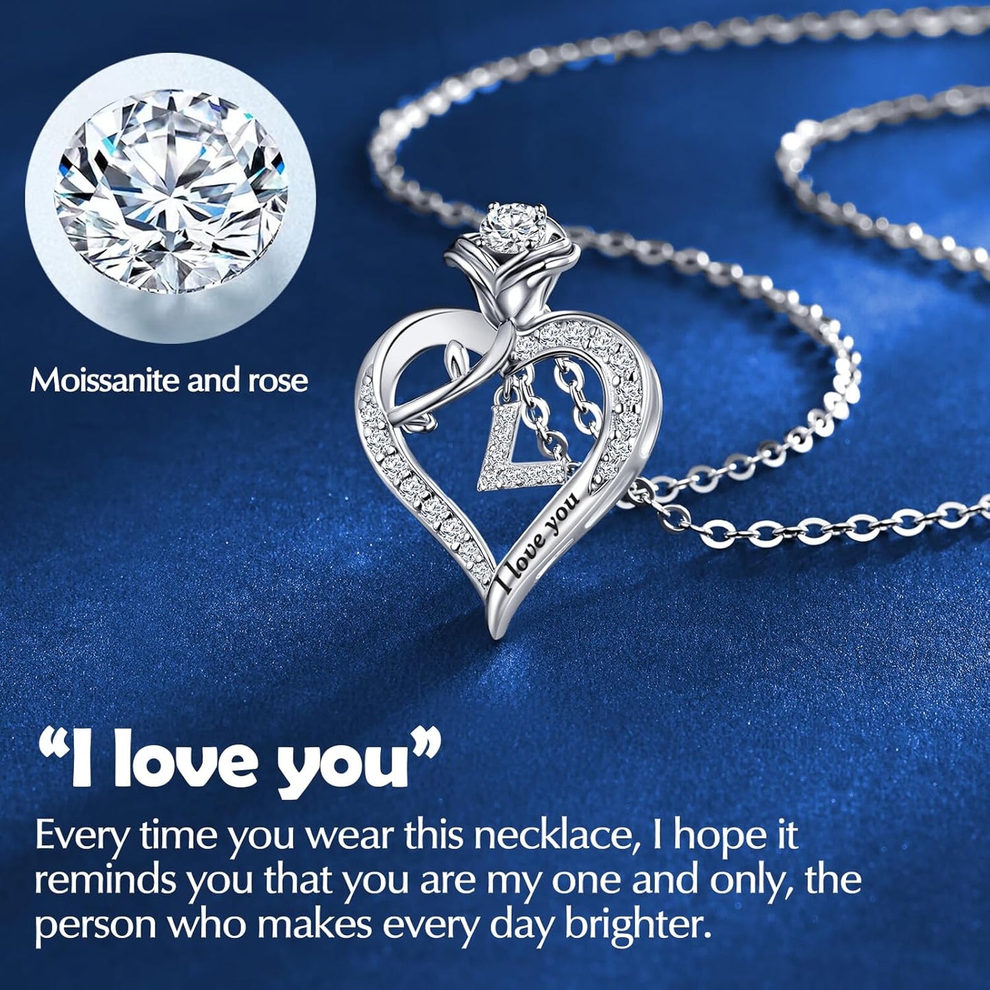 Rose Heart Pendant Necklace Gifts for Wife, Engraved 'I love you' Gift for Wife Girlfriend, Anniversary Birthday Eternity Jewelry Present for Women, Moissanite Necklace Gift for Her