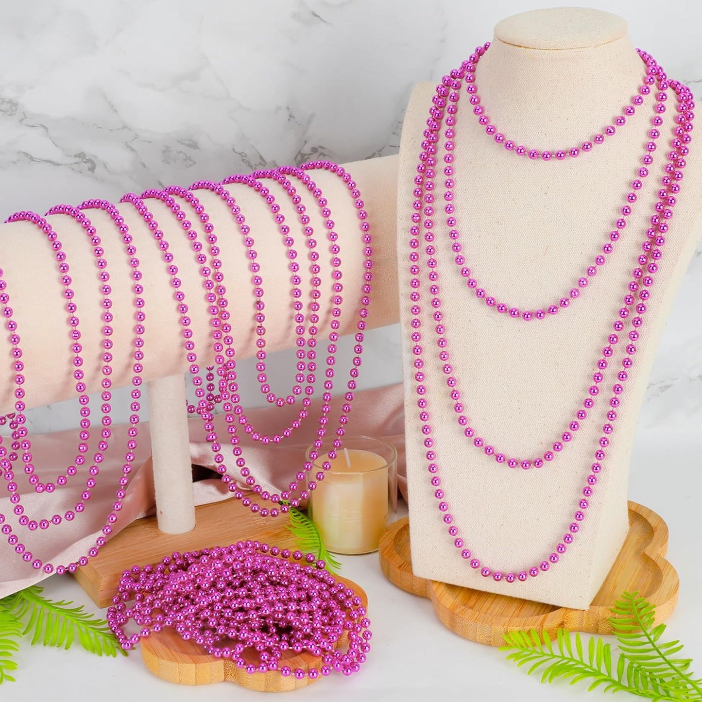 12 PCS Pink Beads Necklaces, 33" Mardi Gras Beads Party Favors, Festival Parade Throws Stuff, Round Beaded Necklaces Party Favors for Breast Cancer Awareness Accessories Gender Reveal