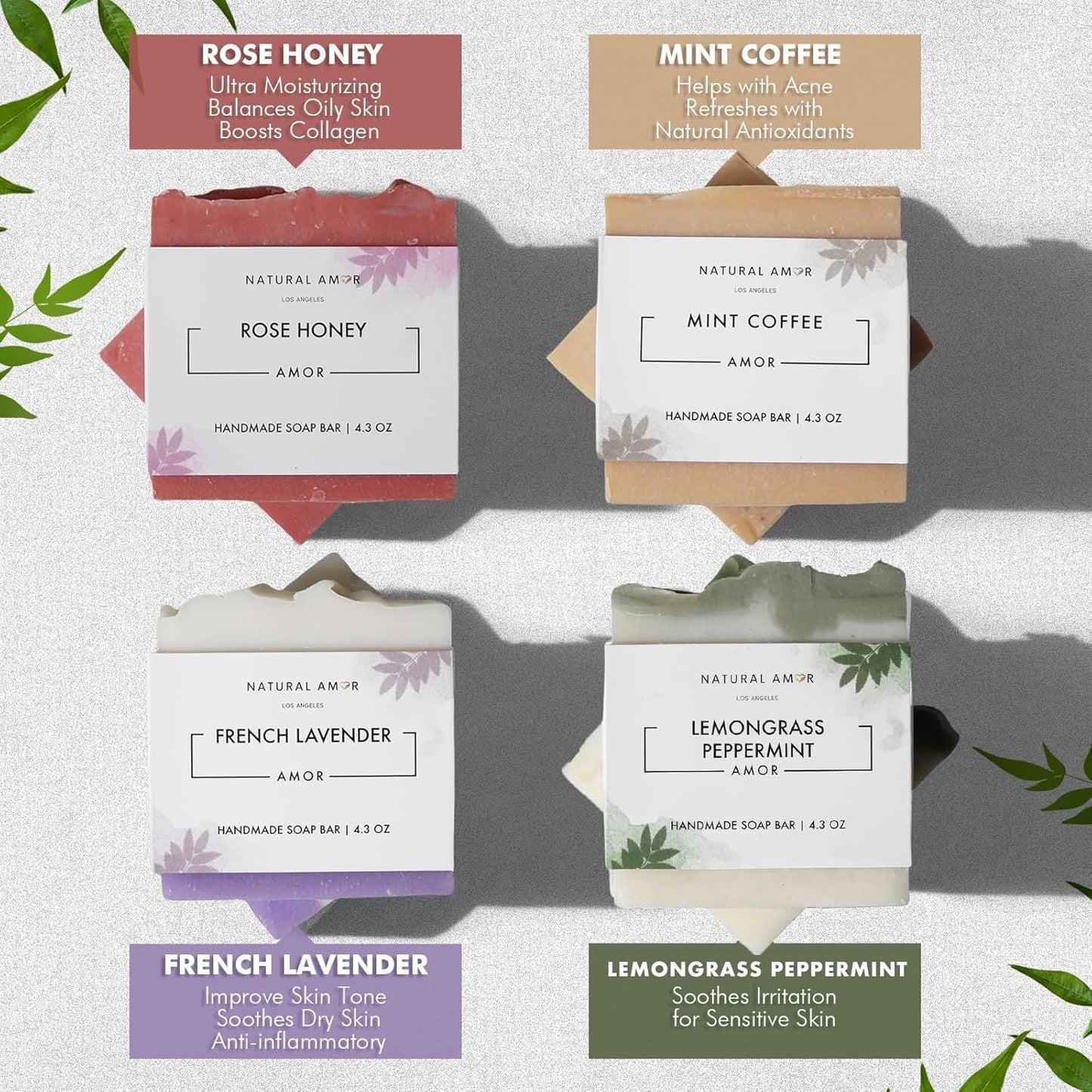 Natural Amor Handmade Soap Bar Set (4 Pack), Cold Process, Natural Ingredients Gift Box for Women, Moisturizing Body & Face Bars, Spa Self Care Gift