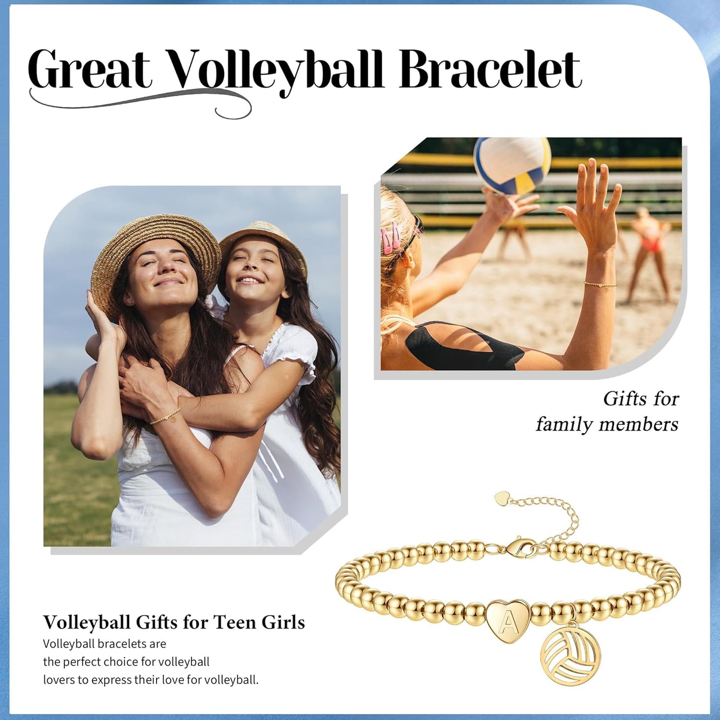 Volleyball Stuff, Volleyball Gifts Stocking Stuffers for Teens Initial Bracelet Adjustable Letter A-Z Gold Beaded Bracelets for Women Heart Link Valentines Day Gift Basket Christmas Graduation Jewelry