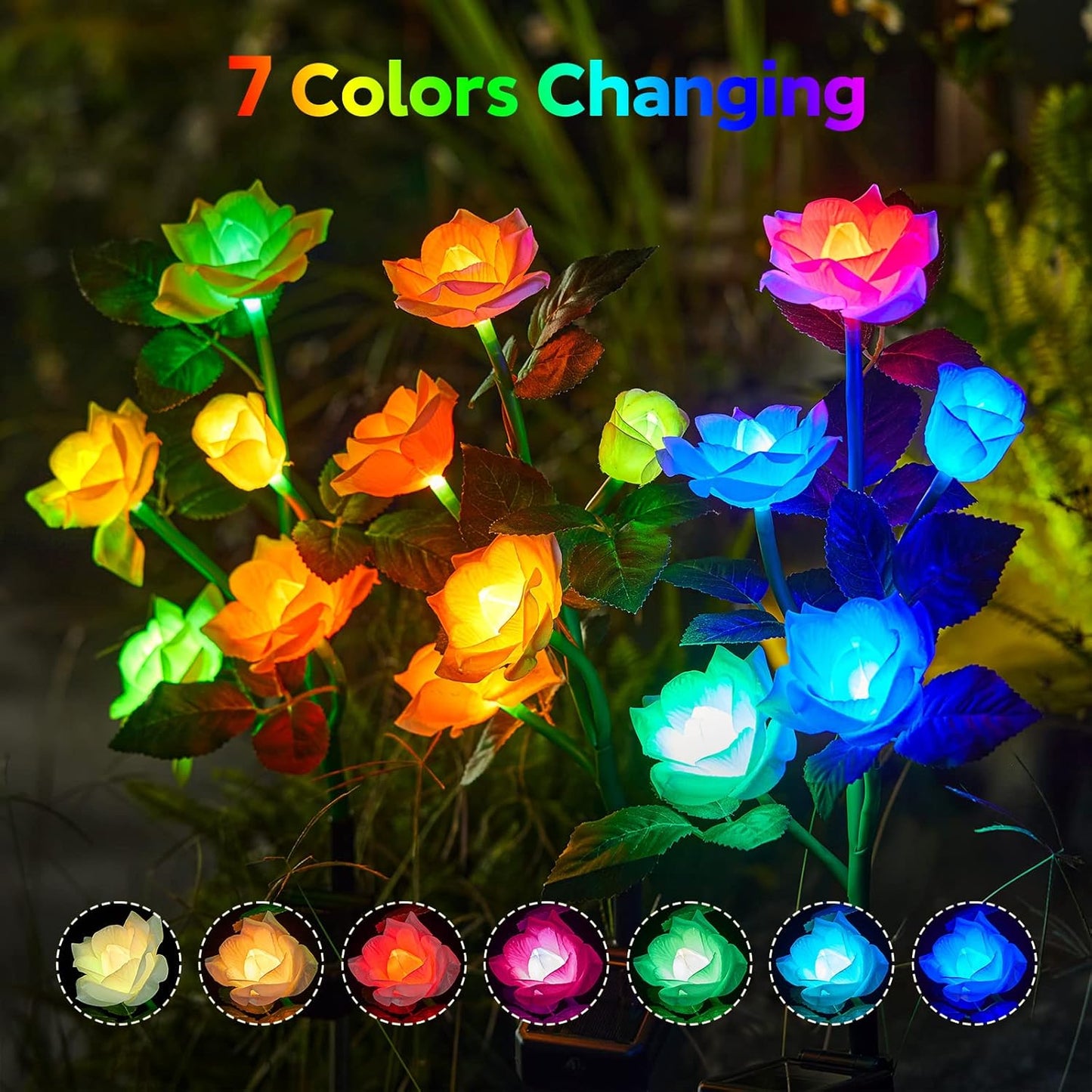 RECHOO Solar Garden Lights Outdoor Decorative, 3 Pack Solar Flower Lights with 15 Rose Flowers, Multi-Color Changing LED Waterproof Garden Decor for Patio Yard Pathway Decoration