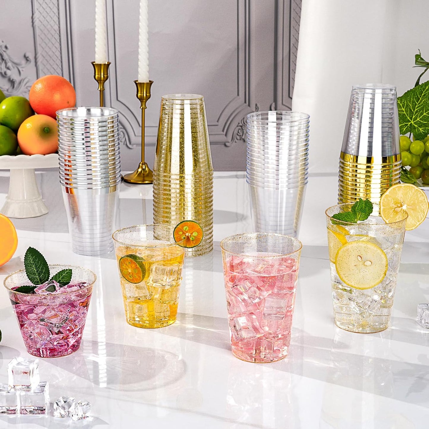 50PCS 9oz Glitter Plastic Cups for Party, Disposable Gold Cups, Plastic Cocktail Glasses for Wedding Thanksgiving, Christmas, and Parties