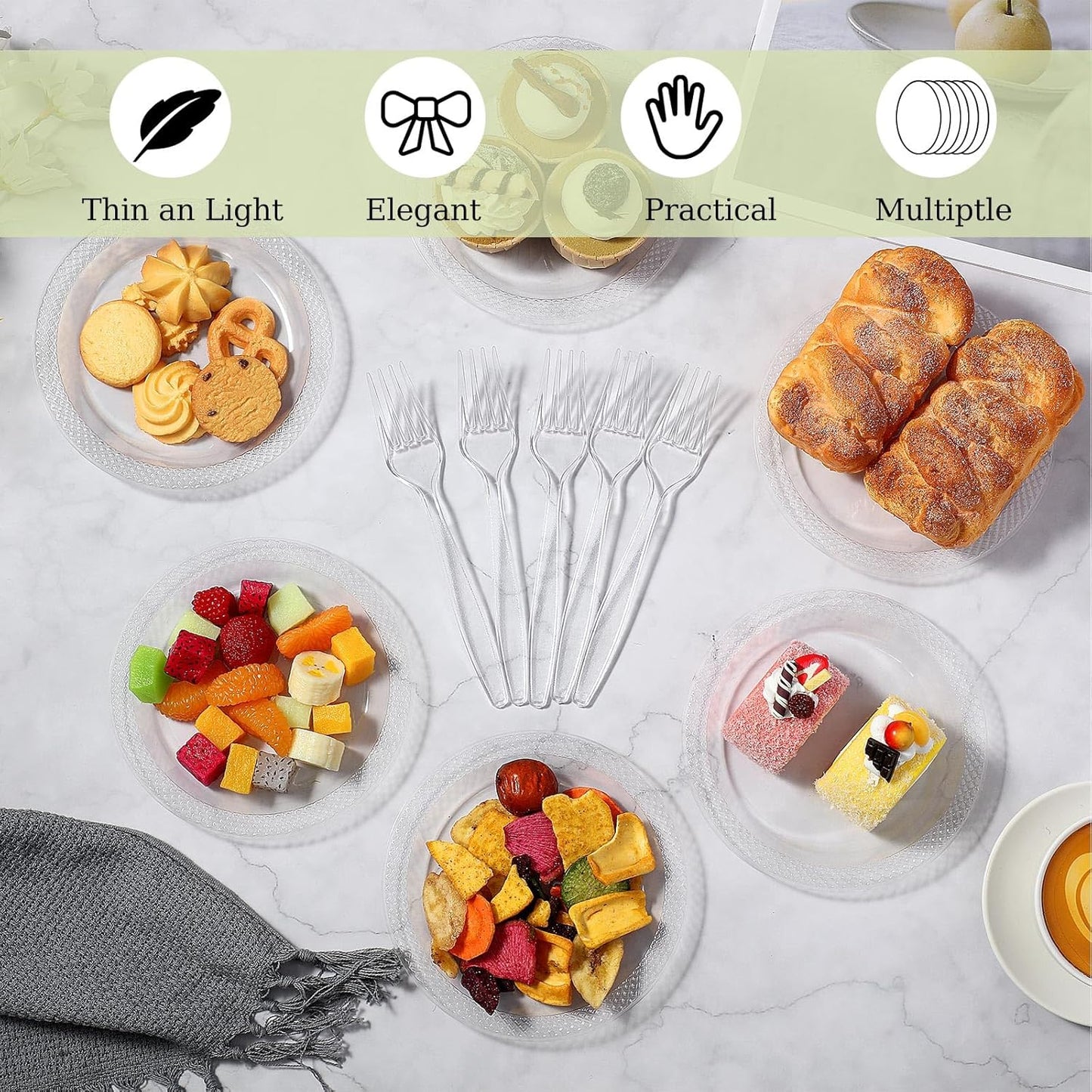 Hushee 600 Pcs 6 Inch Plastic Dessert Plates with Forks for Cake Appetizer, 300 Disposable Plates and 300 Plastic Forks for Wedding Birthday Party Event Bulk (Clear)