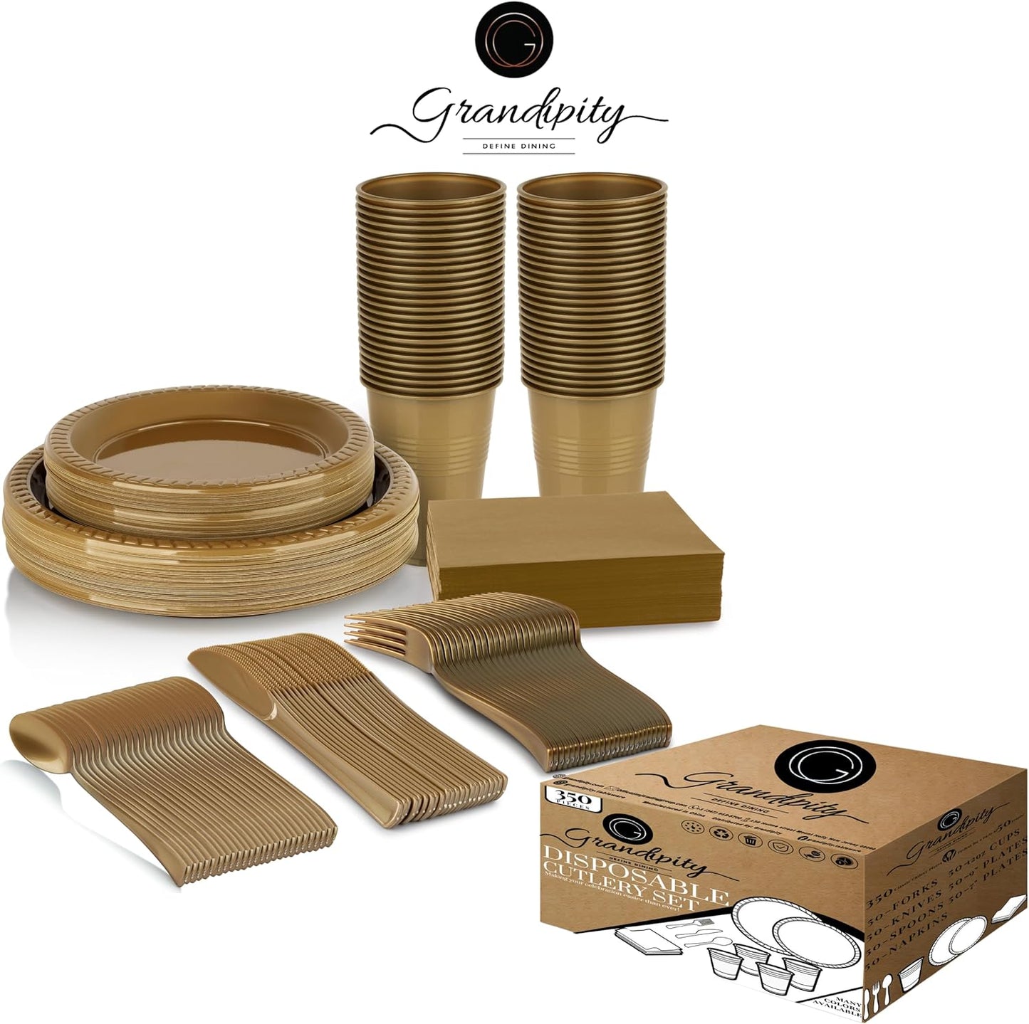 Grandipity 350 Piece Gold Disposable Dinnerware Set, Includes 50 of Each: 9" Dinner Plates, 7" Dessert Plates, 12oz Cups, Paper Napkins, Forks, Knives & Spoons