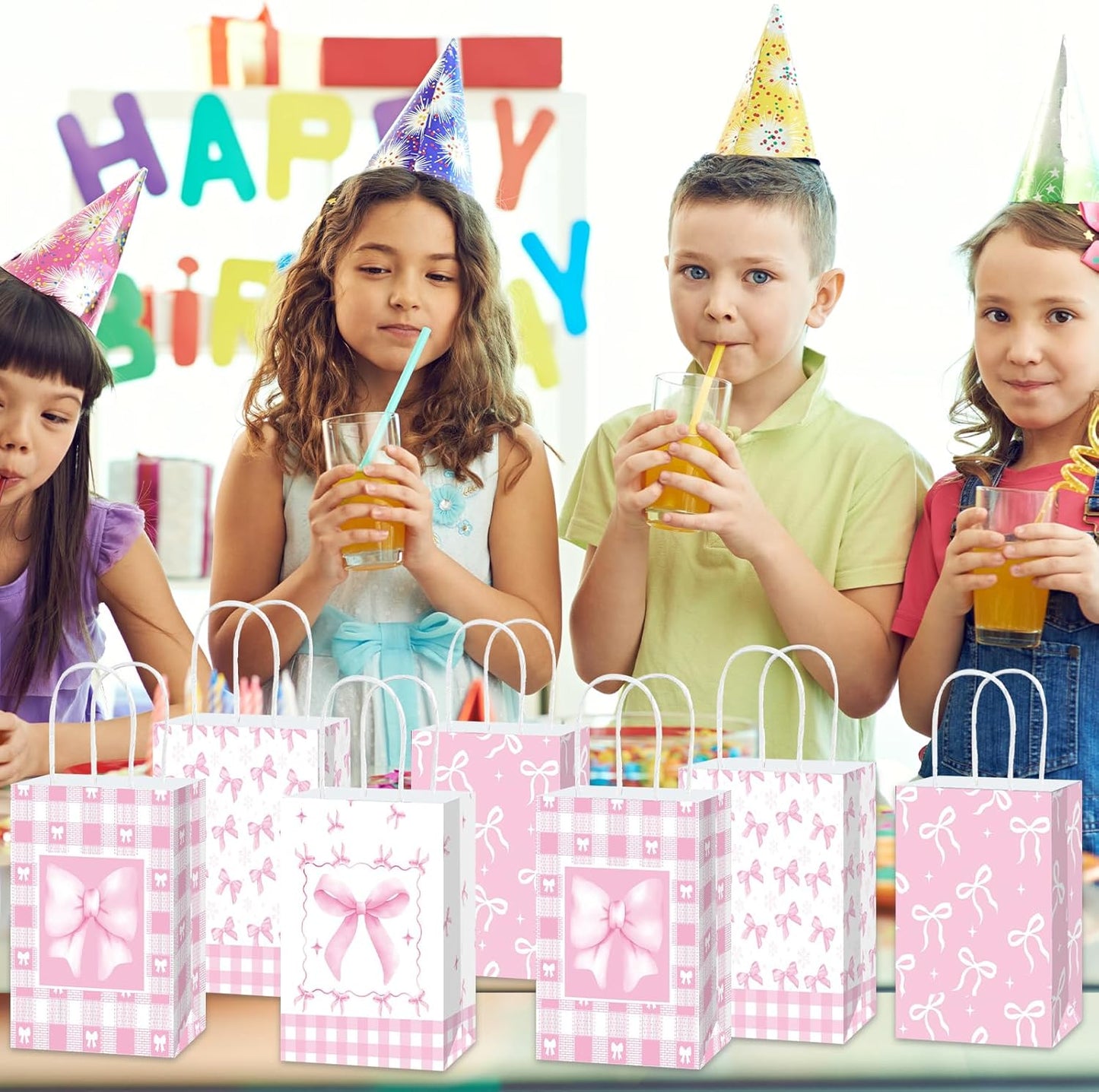 12 Pcs Pink Ribbon Bow Gift Bags with Handles, Plaid Kraft Paper Bags for Coquette-Style Birthday Party Favors, Baby Shower, Wedding, Girls Tea Party, Cute Pink Goodie Bag Bulk for Treats and Gifts