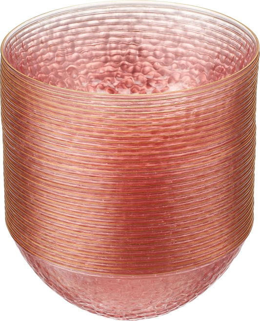 PLASTICPRO 30 Pack 12 Ounce Hammered Plastic Bowls Translucent Pink with Gold Rim Heavyweight Disposable Plastic Soup Bowls Elegant Translucent Hammered Gold Rim Platsic Party Dishes