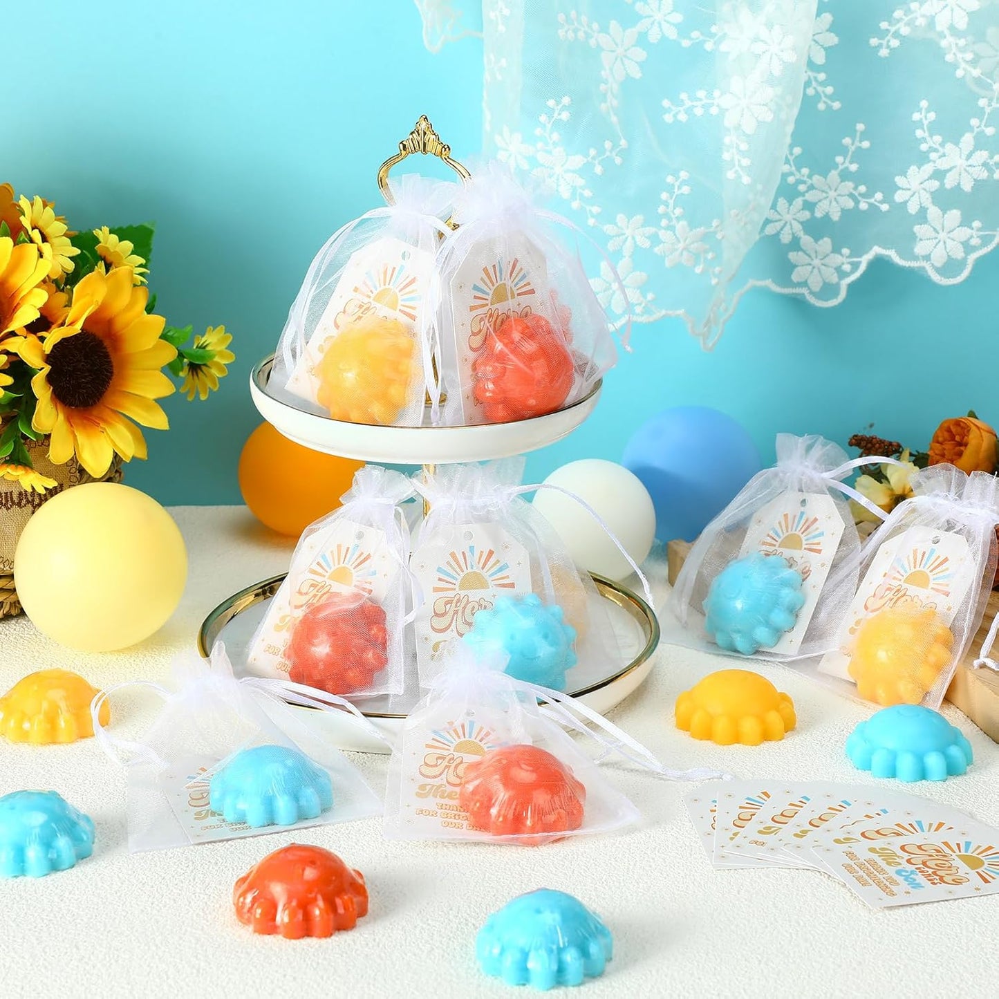 Leelosp 60 Sets Sun Soaps Baby Shower Favors Here Comes the Sun Baby Shower Gifts Mini Handmade Soaps with Thank You Card and Organza Bags for Guest Gender Reveal Sunshine Party Decor(Colorful,Funny)
