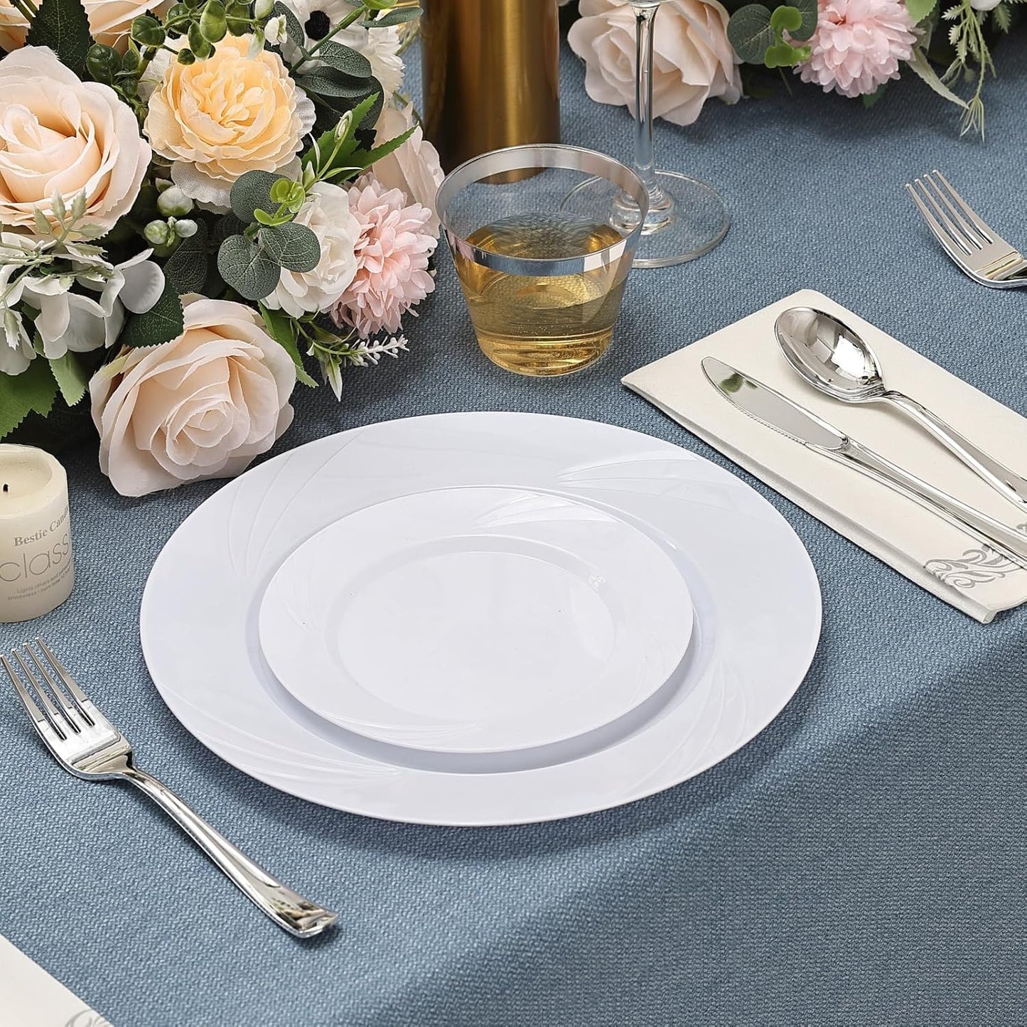 350-Piece White Swirls Plastic Dinnerware Set for 50 Guests, Elegant Disposable Dinnerware for Party, Wedding. Includes 10.25" Dinner Plates, 6.5" Dessert Plates, Silverware, Napkins, Cups