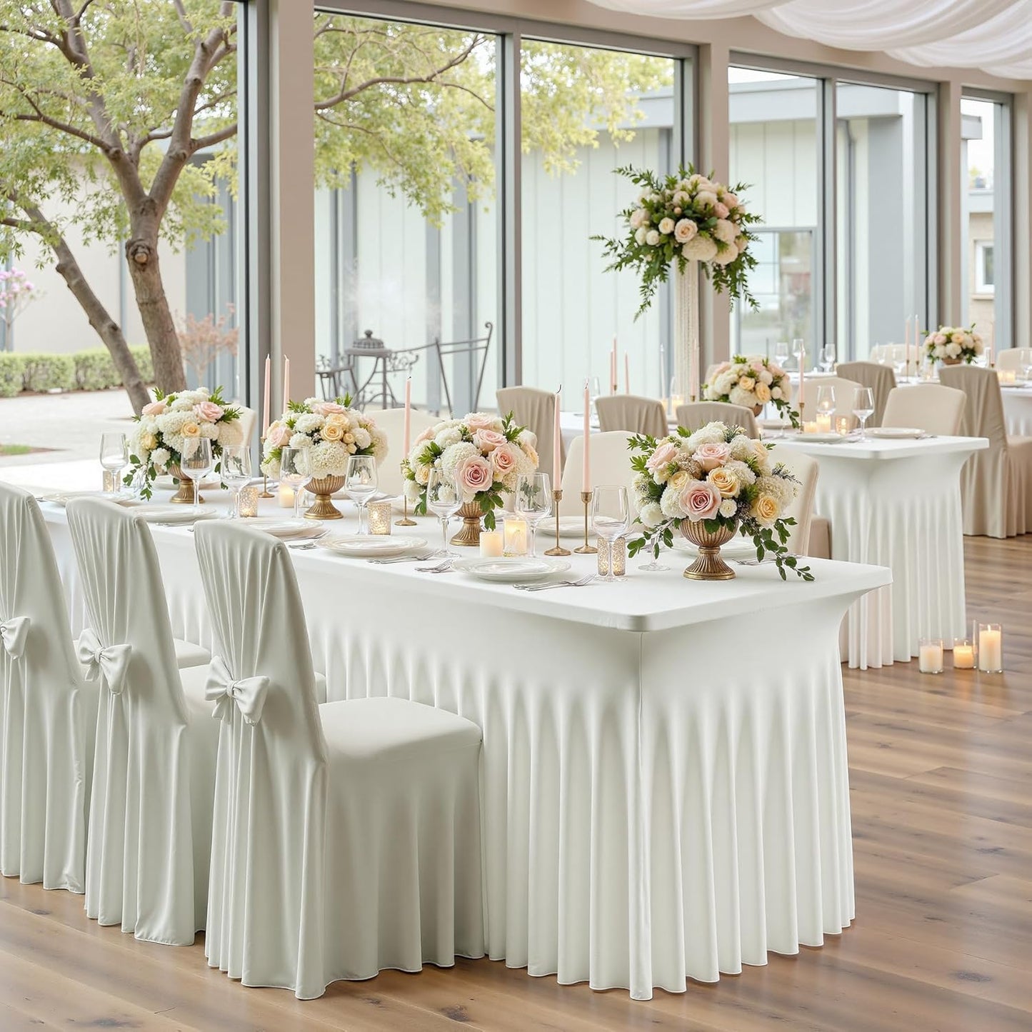 6 pk Ivory Spandex Tablecloth 6ft with Ruffle Skirts,Wrinkle Free High Stretch Cream Fitted Tablecloths for 6 Foot Rectangle Tables,Elastic Spandex Table Covers 6 ft for Parties Weddings Banquet