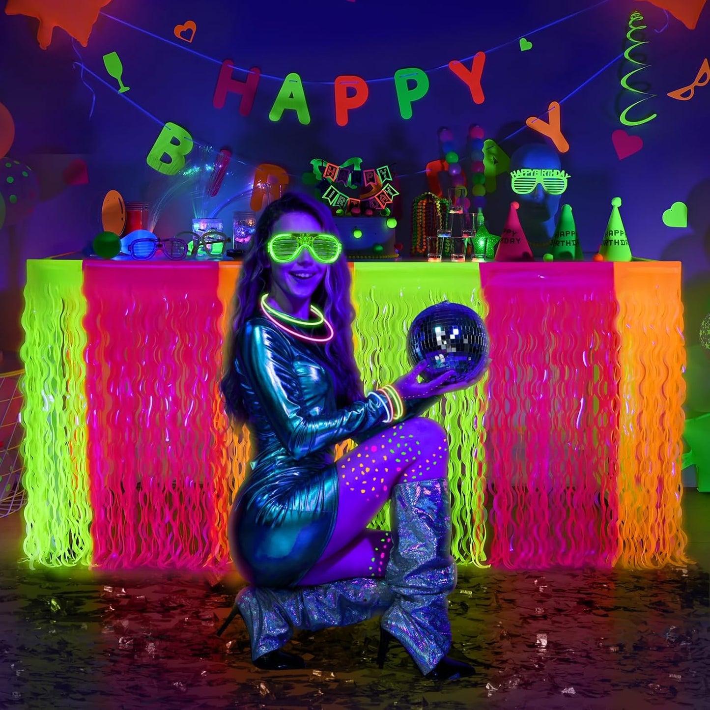 Mega-L Glow in The Dark Party Supplies, 4 Pack Neon Party Decorations Fluorescent Macaron Orange, Yellow and Fuchsia Wavy Metallic Tinsel Foil Fringe Table Skirts, Perfect Table Decors Glow Decors