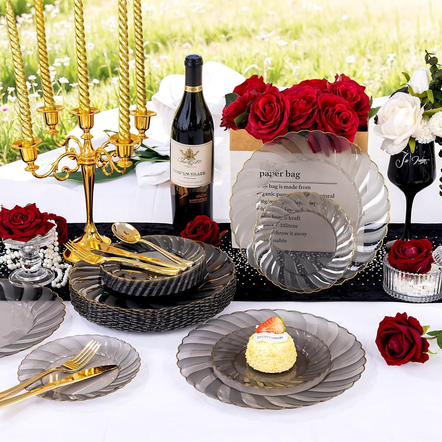 YOUBET 125PCS Clear Black Plastic Plates - Black and Gold Disposable Plates Include 50 Plate, 75 Silverware for Wedding & Party & Birthday