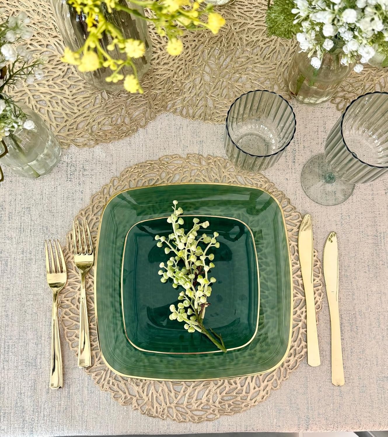 " OCCASIONS " 240 Pieces Pack,(120 Guests) Premium Wedding Party Disposable Plastic Plates Set -120 x 10'' Dinner + 120 x 7'' Salad/Dessert (Belize Square in Green & Gold)