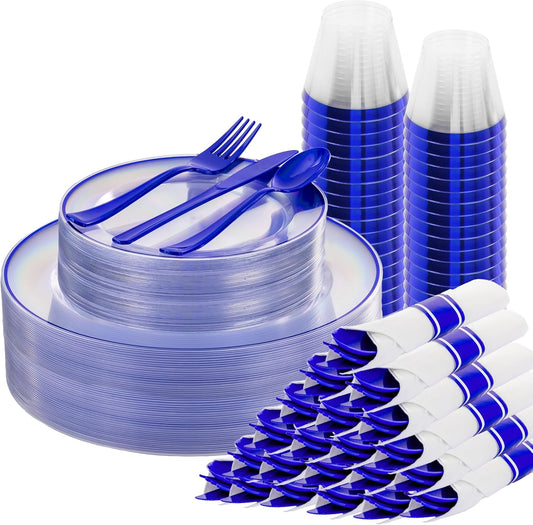 SUT 175 Pcs Blue and Clear Plastic Dinnerware Set for 25 Guests, Include: 25 Dinner Plates, 25 Dessert Plates, 25 Pre Rolled Napkins With Silverware, 25 Cups, Disposable Plates for Party, Wedding