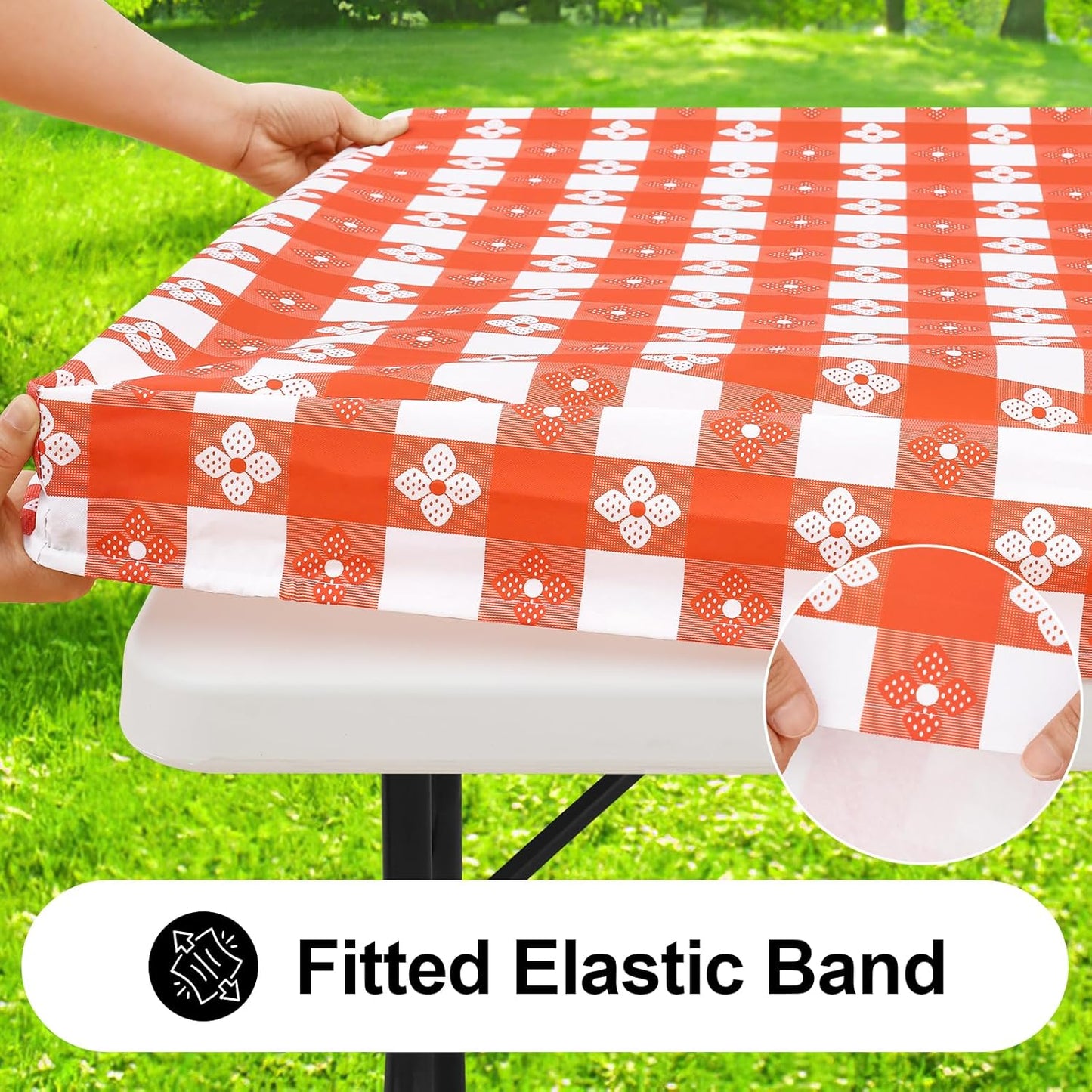 Rectangle Vinyl Table Cloth, Waterproof Elastic Fitted Tablecloth with Flannel Backing, Plastic Table Cover for Picnic, Camping, Outdoor (White & Orange, 30"x96")