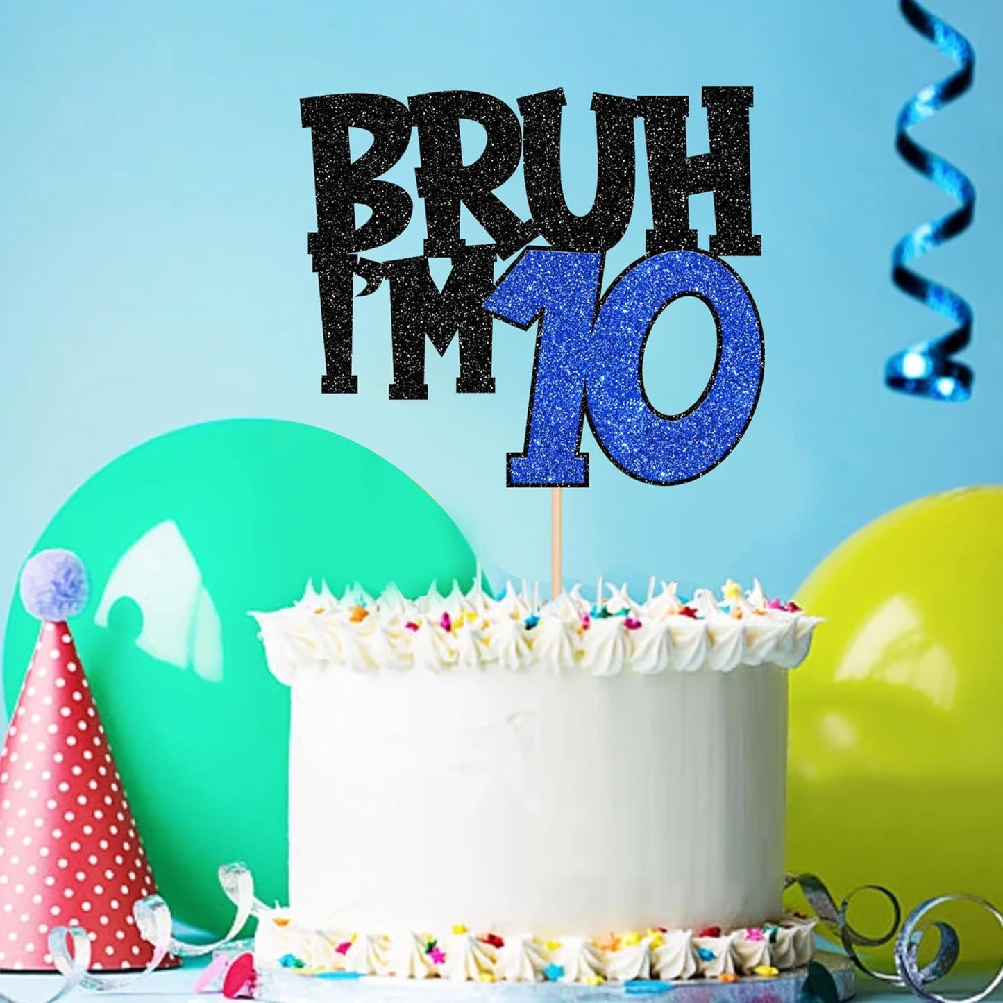 1 PCS Bruh I'm 10 Cake Topper Glitter Happy 10th Birthday Cake Pick Bro I'm 10 Cake Decoration It's My 10th Birthday Decorations for Cheers to 10 Years Old Birthday Anniversary Party Supplies Blue