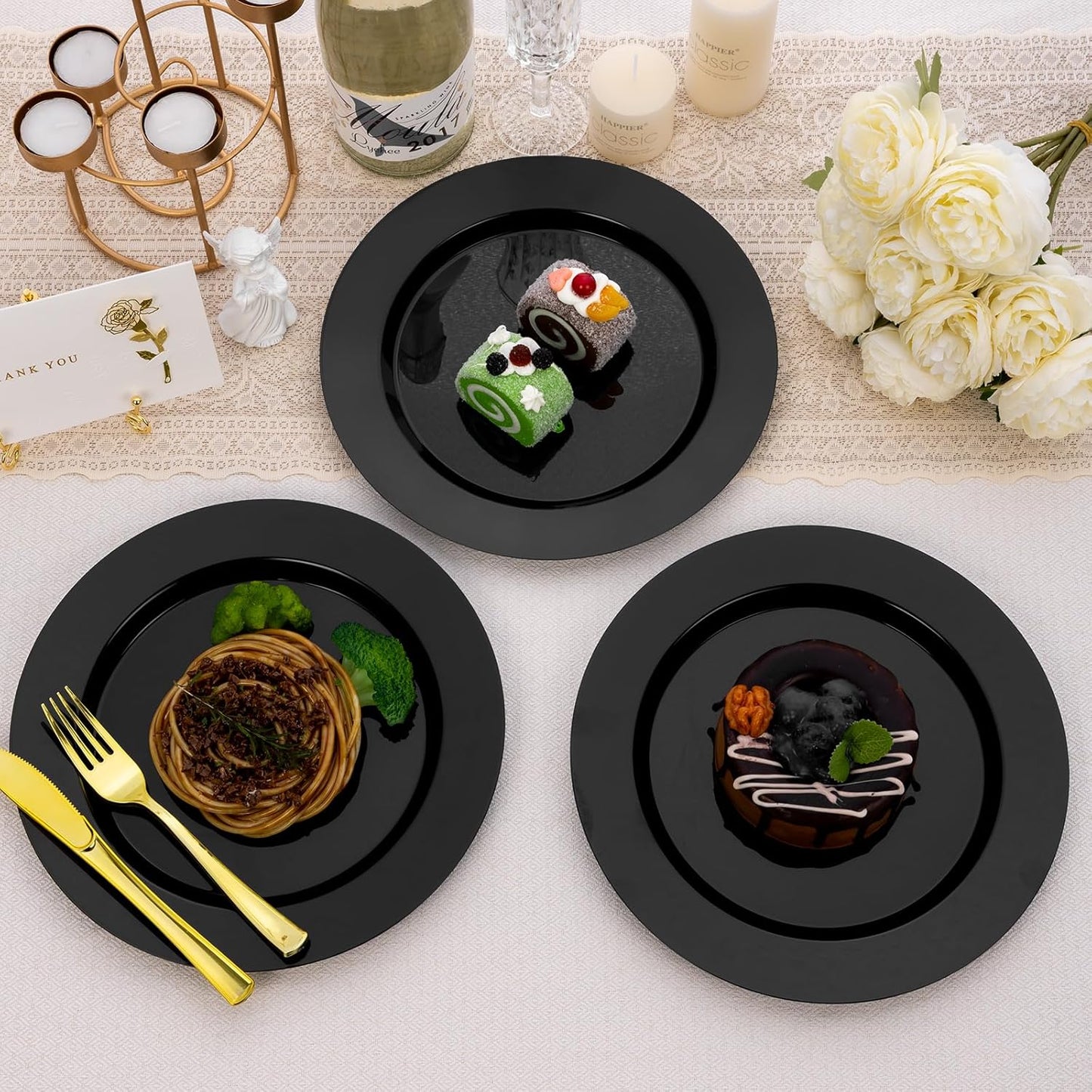 Goodluck 200PCS Black Plastic Plates, Heavy Duty Disposable Gold Plates with 100 10.25 inch Dinner Plates and 100 7.5 inch Dessert Plates for Party, Holiday, Wedding, Thanksgiving