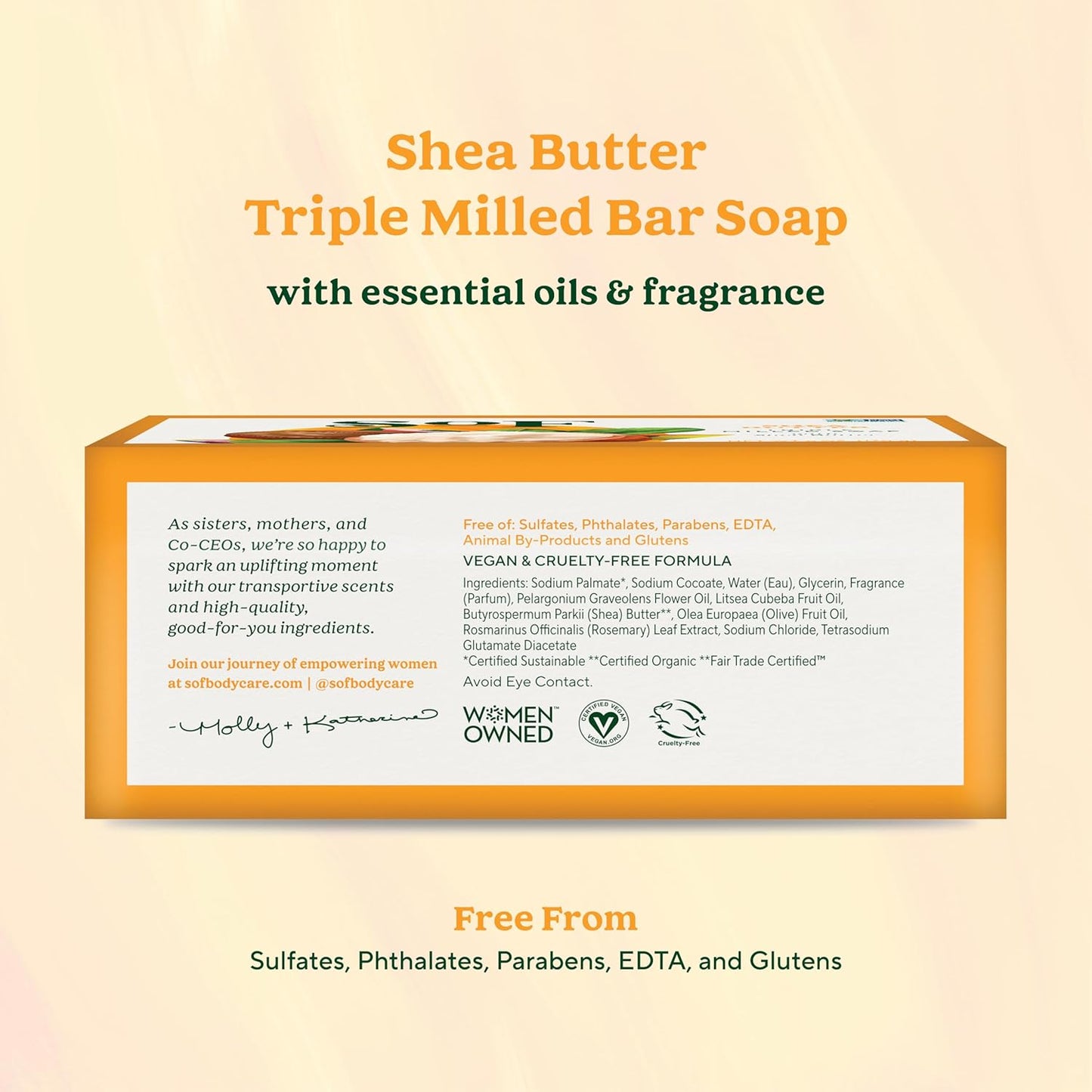 SoF Triple Milled Bar Soap - With Coconut Oil & Organic Shea Butter- Vegan & Non GMO- Free From Phthalates, Sulfates & Parabens- Shea Butter - 6 oz Bar 4 Bars
