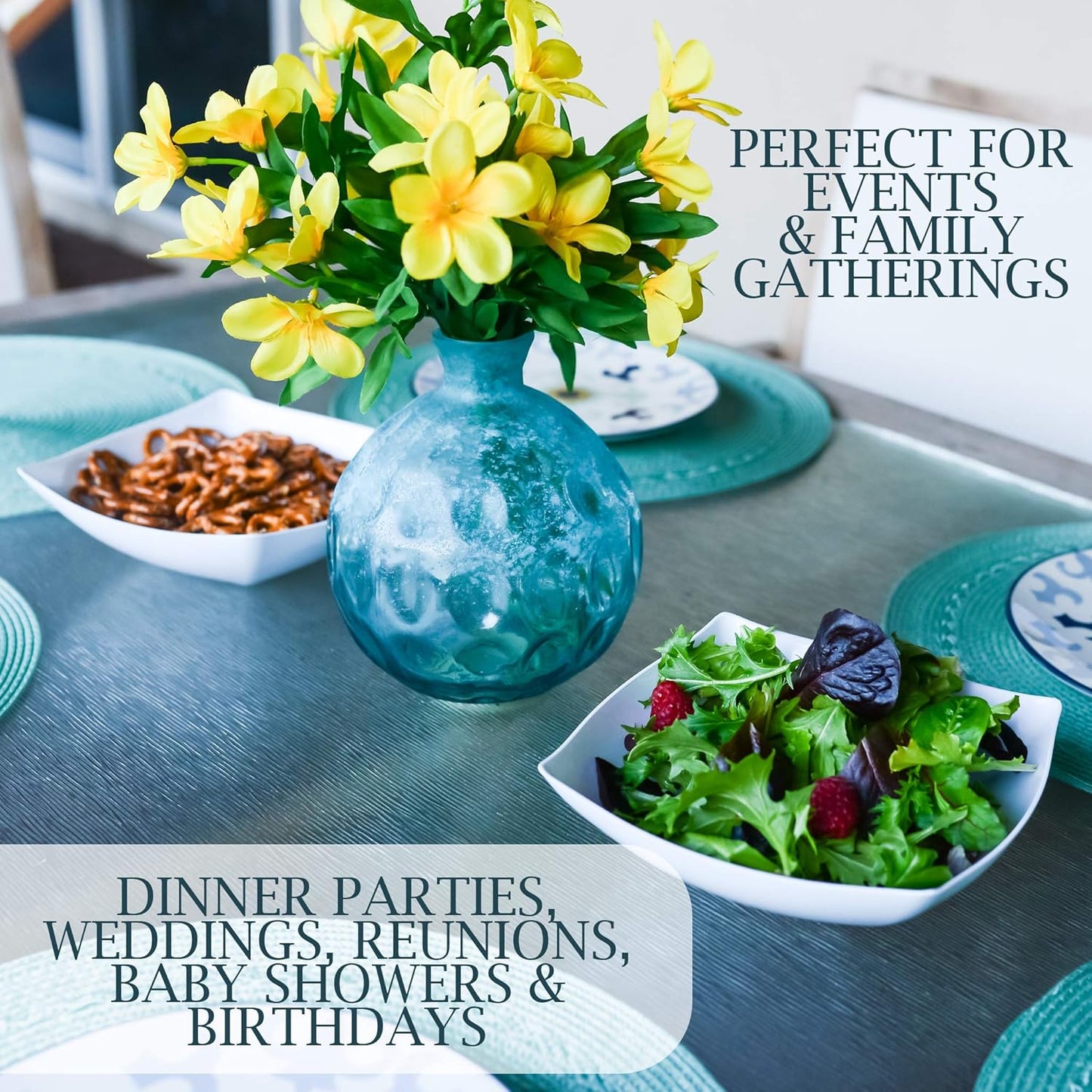 PLASTICPRO Disposable 32 ounce Square Serving Bowls, Party Snack or Salad Bowl, Medium Plastic Elegant White Pack of 4