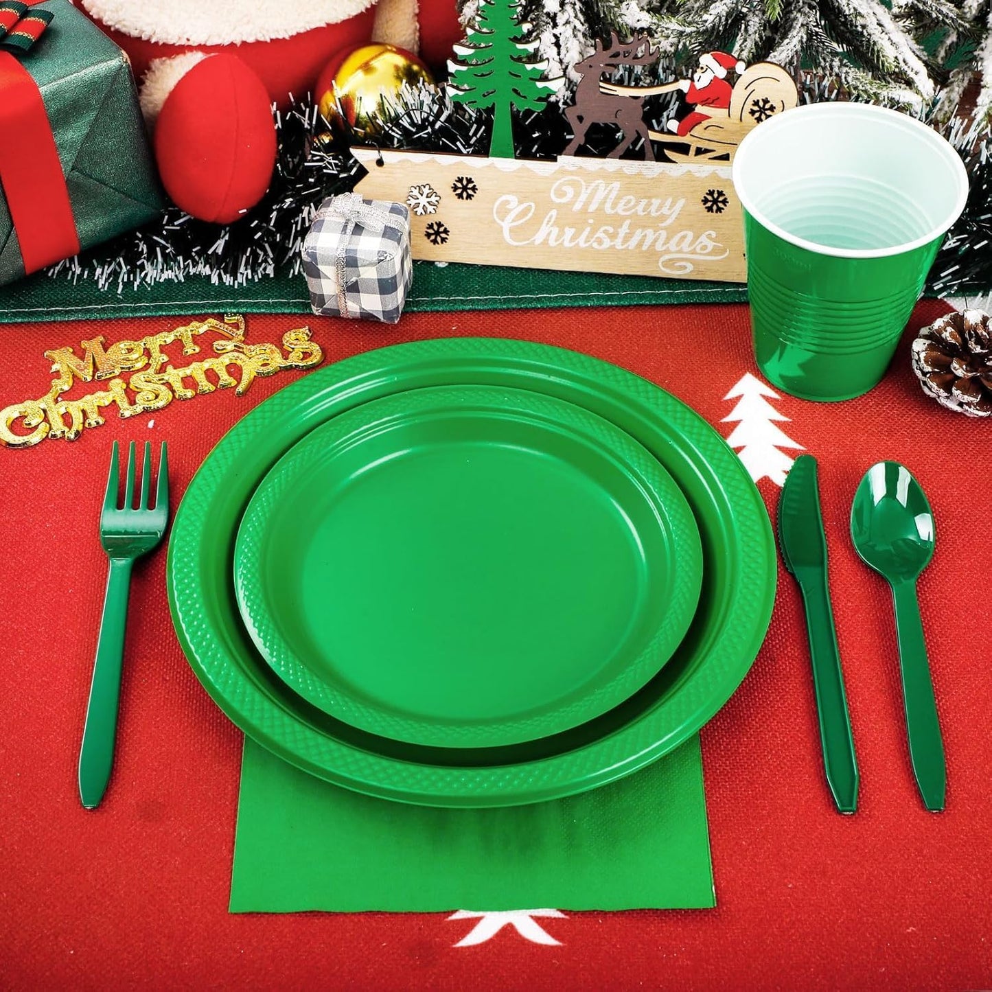 WELLIFE 210Pcs Green Plastic Plates, Christmas Plates Disposable, Christmas Party Supplies Including Green plates, 12oz Cups, Plastic Cutlery and Napkins Serve 30 Guests