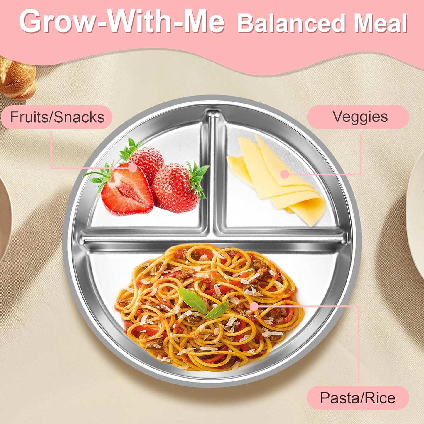 Bella's Friends Stainless Steel Toddler Plates Silicone Suction,3 Packs Non-Slip Baby Plates,Divided Portion,Food-Grade Silicone Plate for Kids,LEAD-FREE Dishwasher Safe,Grey Green Pink