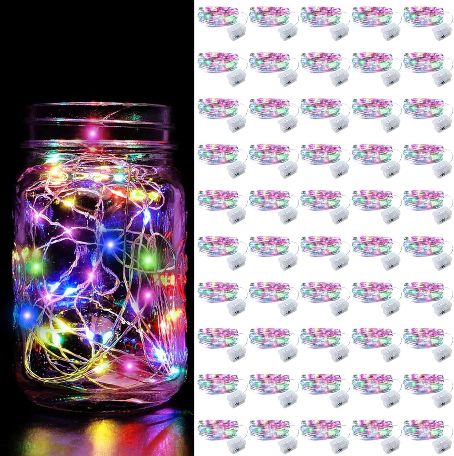 Aogist 50 Pack Fairy Lights 3 Modes 7ft 20 LED Waterproof,Battery Operated Silver Wire Firefly Starry Moon Mini String Lights for Mason Jars Christmas DIY Crafts Wedding Party Bedroom,Multicolor