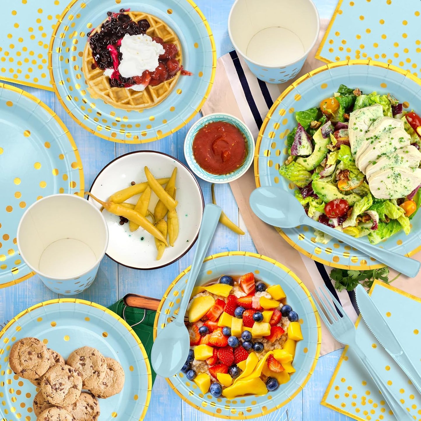 Light Blue and Gold Plates and Napins Party Supplies, Severs 25 Disposable Party Dinnerware Include Forks Knives Spoons Napkins Cups for Birthday, Wedding Baby Shower,Boys Birthday,Anniversary