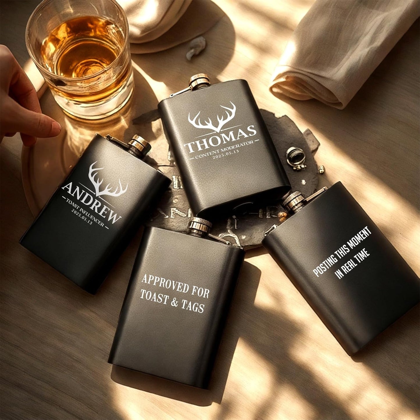 ELEGANTPARK Personalized Groomsmen Gifts for Wedding Custom Flask Monogram Groomsmen Proposal Gifts Bachelor Party Favor for Groom Best Man Stainless Steel 8 OZ Black Hip Flask for Liquor 1 PCS