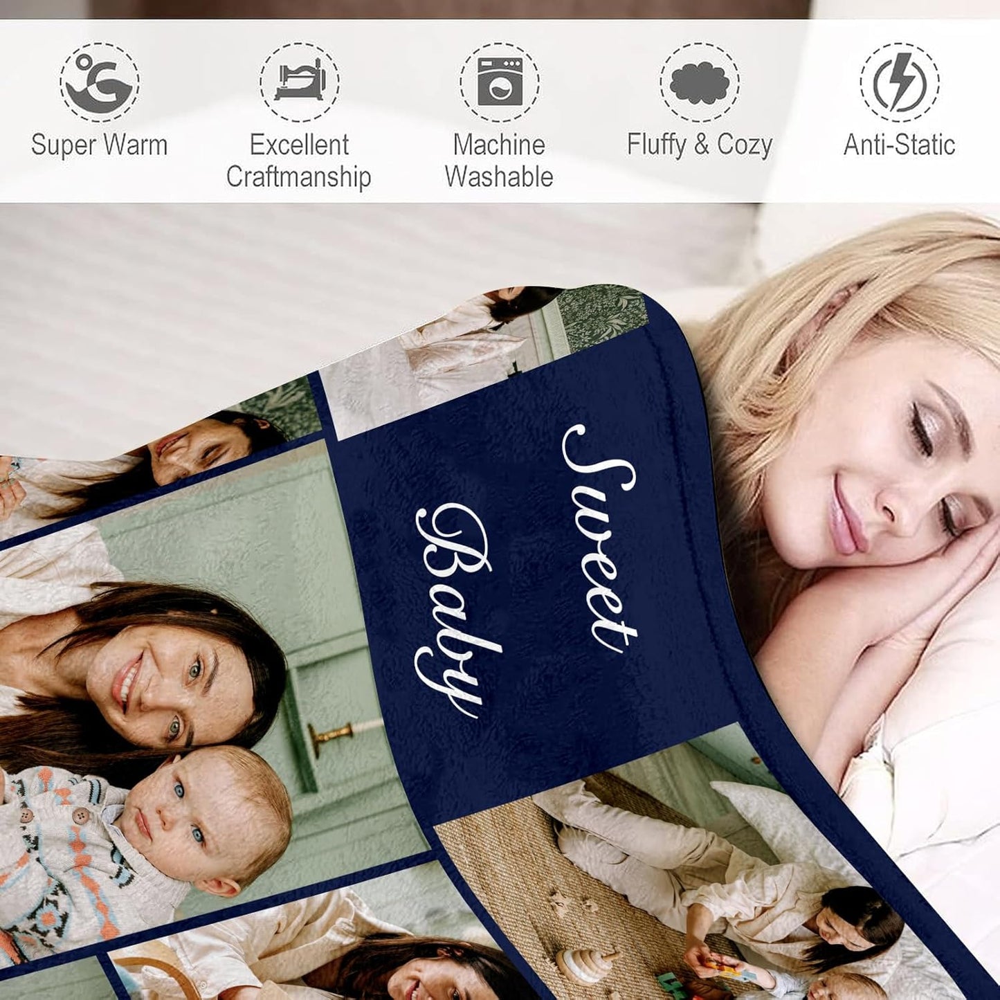 Ships Next Day, Custom Blanket with Photos Text Personalized Flannel Throw Blankets Customized Blanket for Baby Family Birthday Christmas Halloween Fathers Mothers Valentines Day Gift 60" W x 80" L