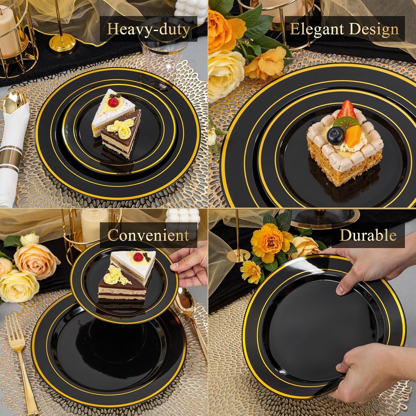 175PCS Black and Gold Plates - Black Disposable Plates for Party - 25Guests Disposable Dinnerware Set for New Year/Wedding