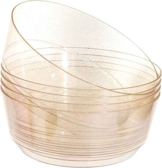 Hioasis 8 Pack Plastic Serving Bowls 128oz Gold Glitter Plastic Bowls Heavy Duty Disposable Serving Bowls for Party Snack & Salad & Candy & Bar Buffet