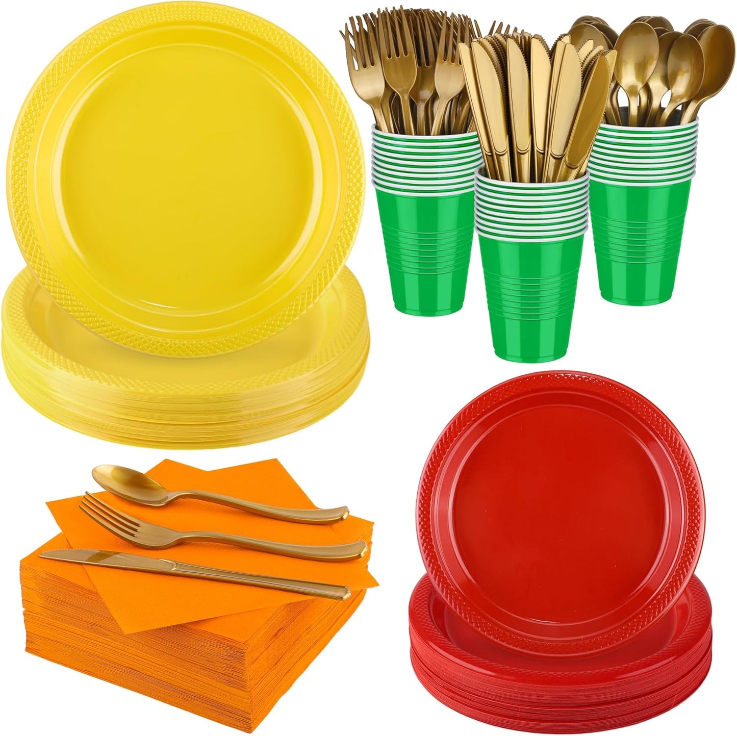 Aodaer 400 Pieces Fall Thanksgiving Party Supplies Disposable Autumn Dinnerware Set Include Plastic Dinner Dessert Plates Cups Cutlery Paper Napkins for Fall Harvest Thanksgiving Party, Serve 50 Guest