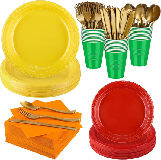 Aodaer 400 Pieces Fall Thanksgiving Party Supplies Disposable Autumn Dinnerware Set Include Plastic Dinner Dessert Plates Cups Cutlery Paper Napkins for Fall Harvest Thanksgiving Party, Serve 50 Guest