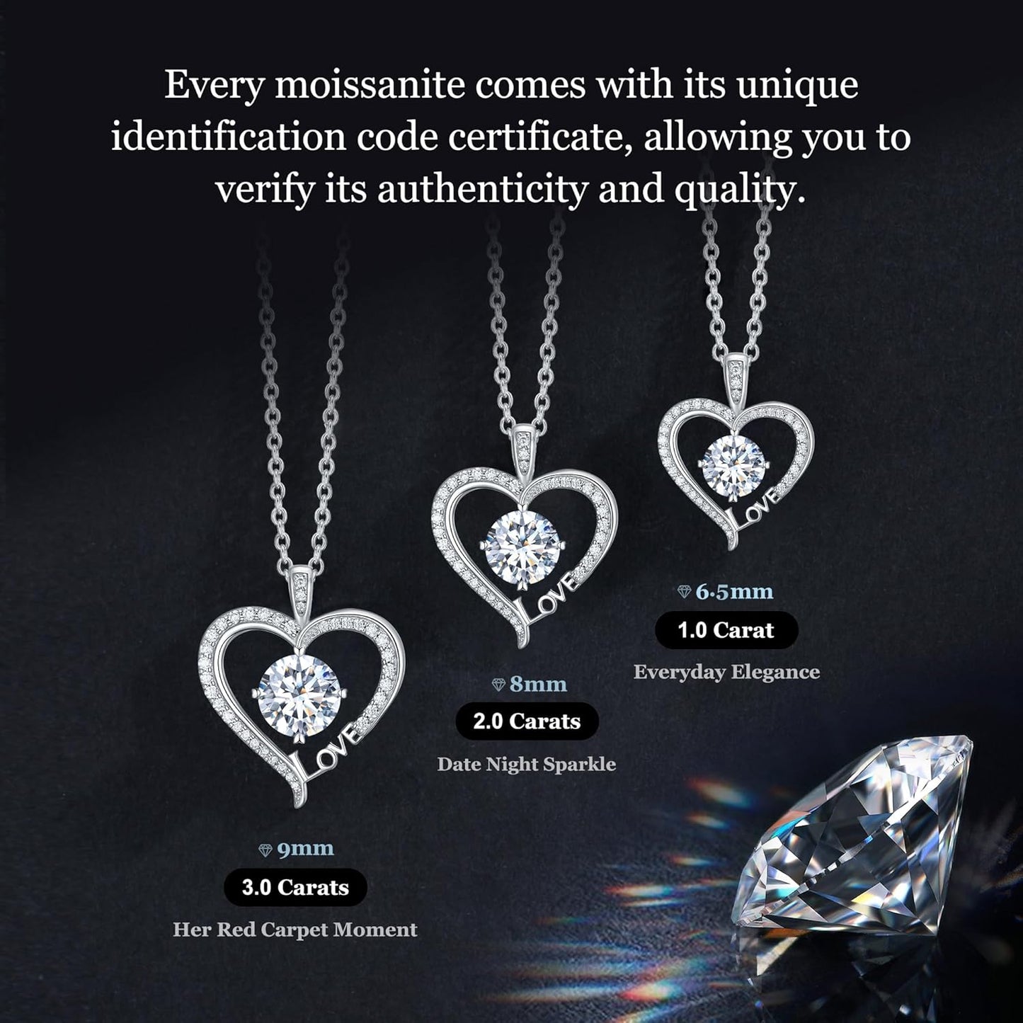 Moissanite Heart Necklaces for Women, Gifts for Wife, 1-3 Carat Moissanite 925 Sterling Silver Love Jewelry, Birthday Wedding Anniversary Christmas Engagements Gifts for Wife Women Her Girlfriend Mom
