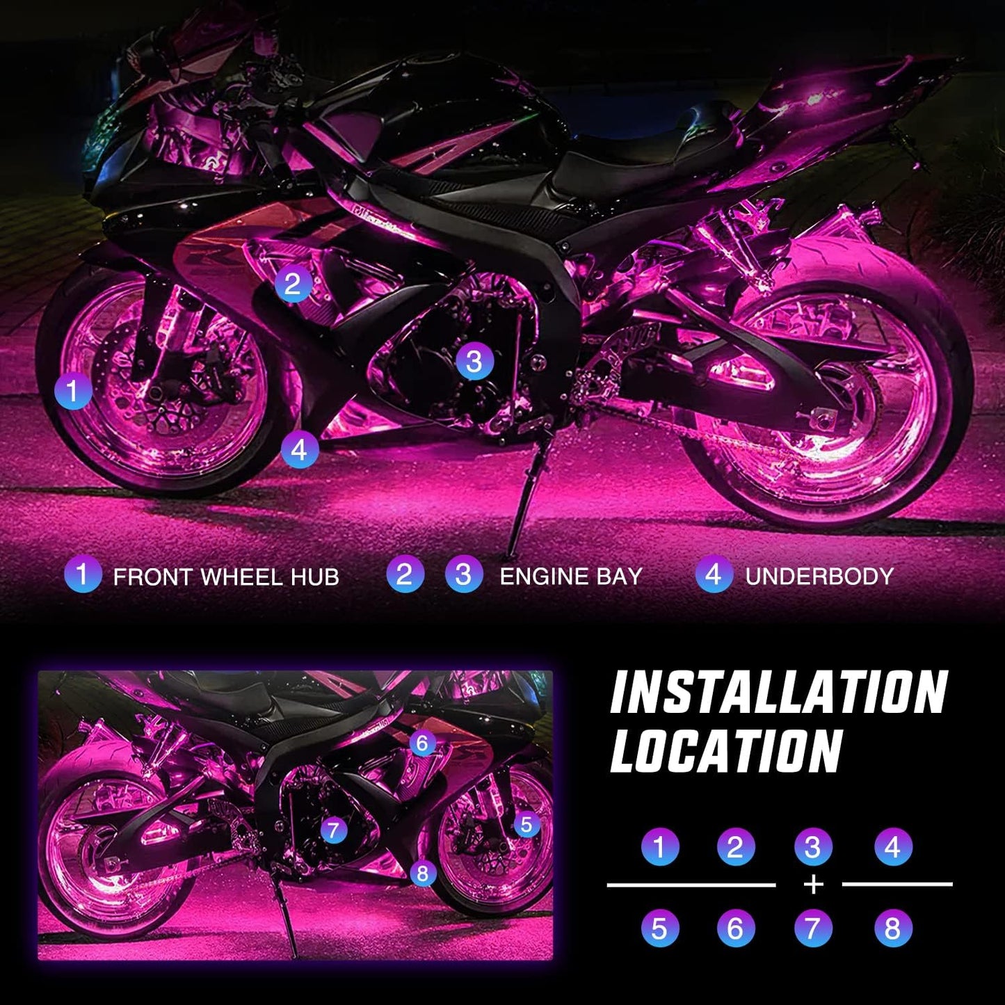 Nilight 8PCS Motorcycle RGB Led Light Kit Waterproof Multi Color Atmosphere Neon Accent APP and Remote Control Underbody Strips for Harley Davidson Honda Kawasaki Suzuki