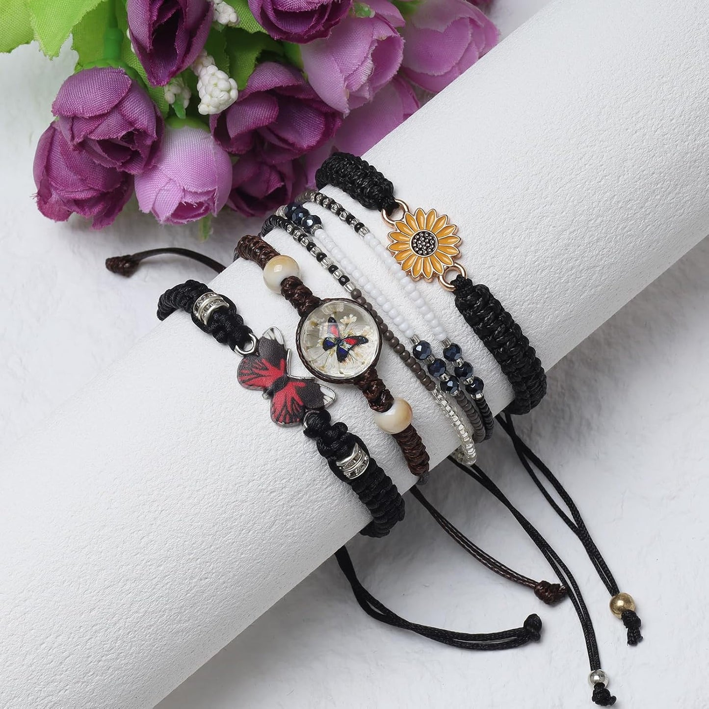 DS 4PCS String beads Charm Bracelets for Teen Girls Dainty cute cartoon Butterfly Daisy Eternal flower Beads Bracelets set for woman and girls Adjustable Stretch bracelet birthday Gift For Friends