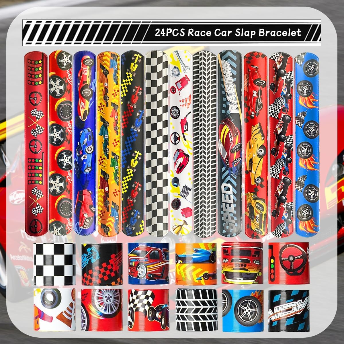 24 Pcs Race Car Party Decorations Favors Racing Bracelet Racing Wristbands Bracelet Checkered Slap Bracelets Dirt Bike Task Game Decorations Car Birthday Party Supplies