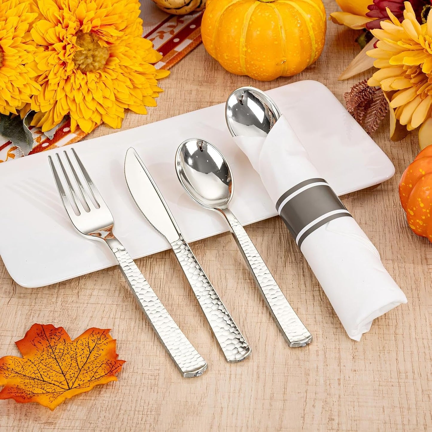 WELLIFE 50 Pack Silver Plastic Silverware with Pre Rolled Napkins,Wrapped Silverware Set Disposable,Includes:50 Forks, 50 Knives, 50 Spoons, 50 Napkins,Utensils Plastic Disposable