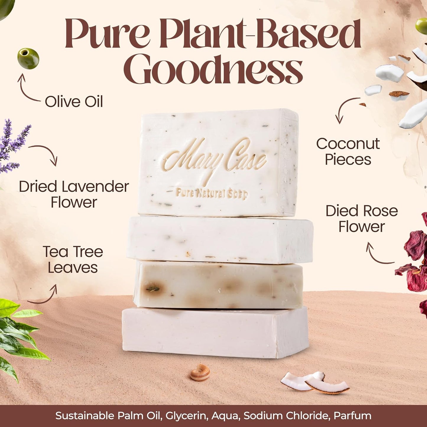 Mary Case All Natural Bar Soap for Men & Women (Variety Set of 4) - Lavender, Tea Tree, Coconut and Rose Bath Soap Bar with Olive & Coconut Oils - Vegan Bath Soaps for Hydrating & Nourishing Skin