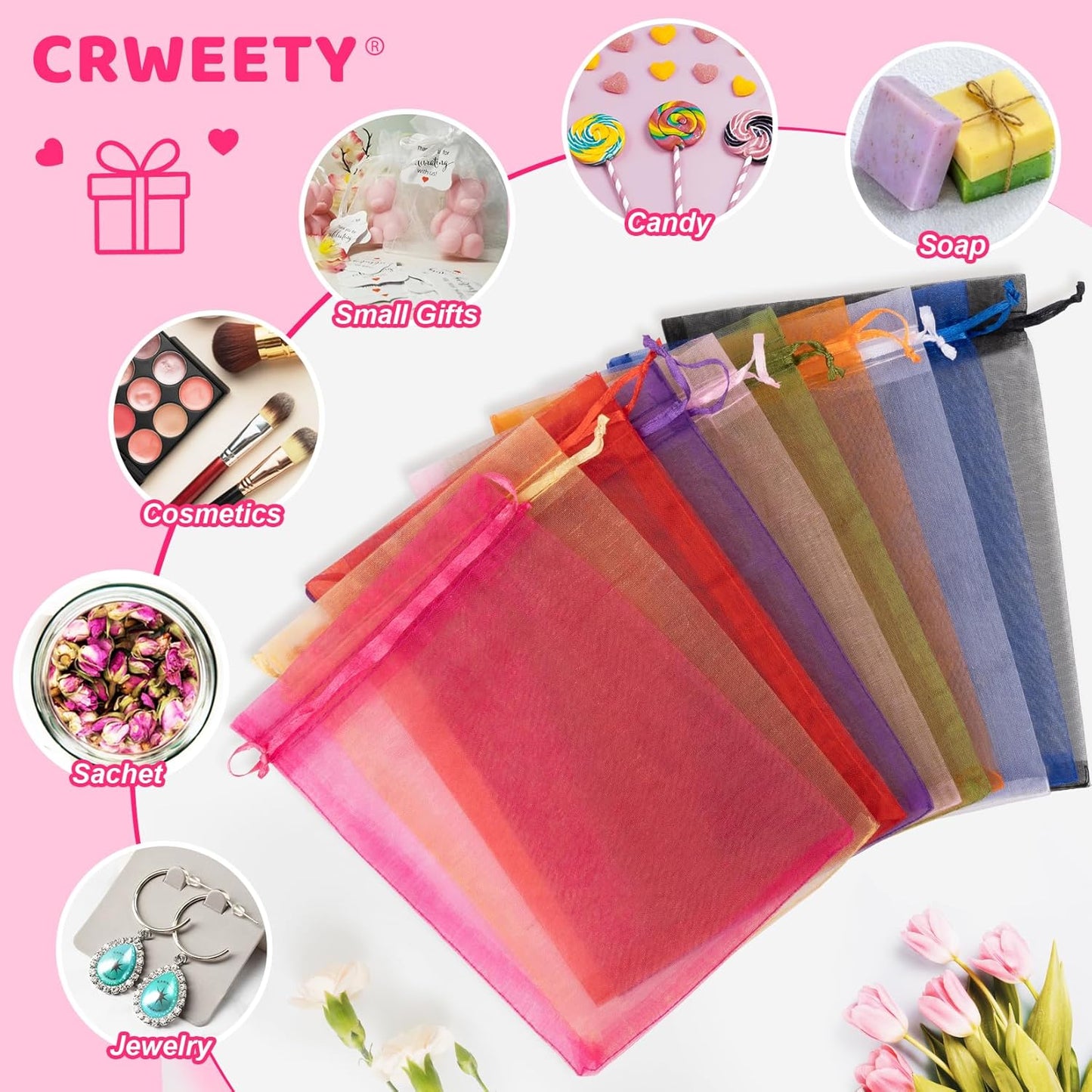 Crweety 50 Pack 4x6 Inch Assorted Color Organza Bags, Vibrant Mix of 10 Colors Mesh Gift Bags for Wedding Favors, Birthday Party Favor, Candy Jewelry Sachet Packaging & Holiday Gifts