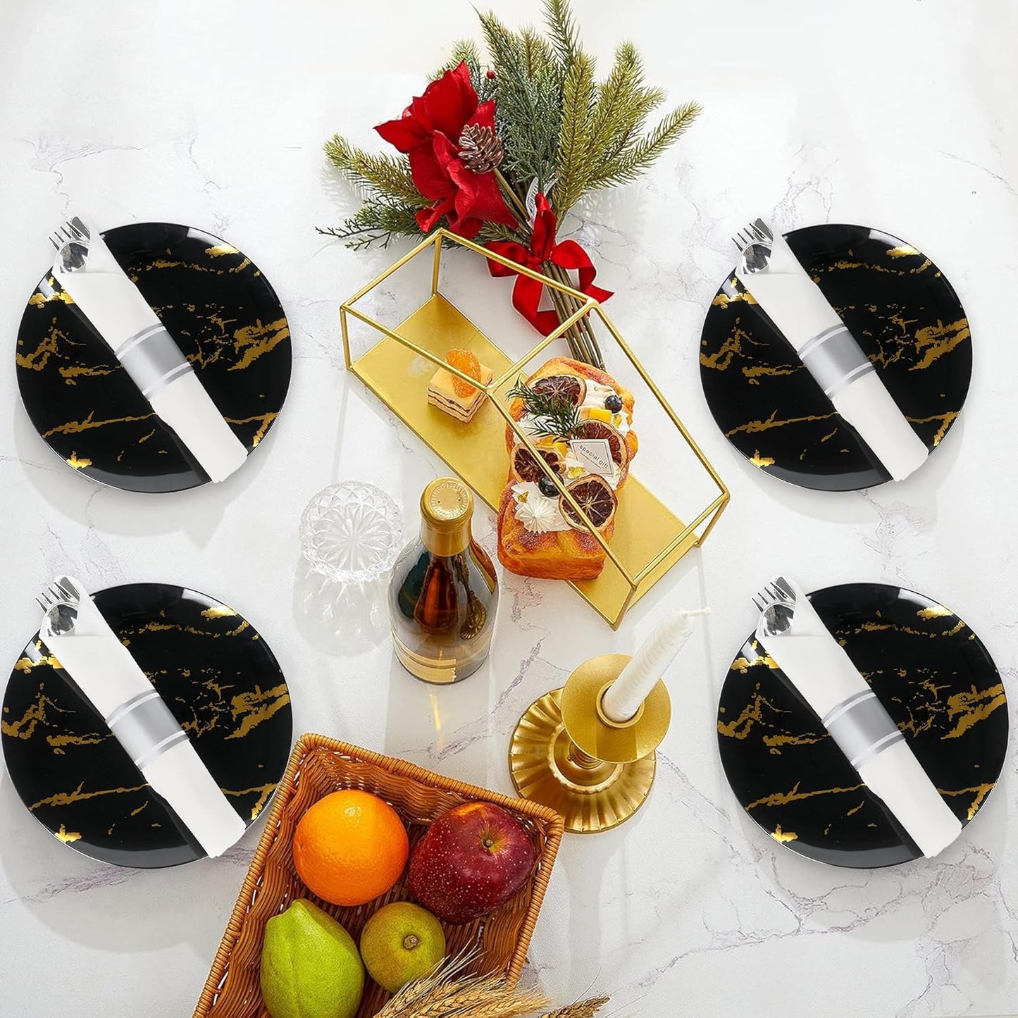 50 Pack Pre Rolled Silver Plastic Silverware Set,Wrapped Plastic Cutlery Set with Napkin Include 50 Forks,50 Spoons,50 Knives and 50 White Napkins for Party,Wedding