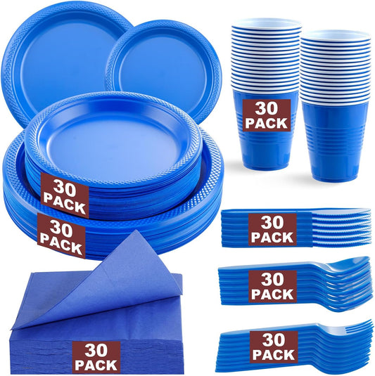 WELLIFE 210 Pcs Blue Party Supplies, Plastic Dinnerware Set, Including Blue Plastic Plates and Napkins, Disposable Cutlery and 12OZ Cups, Serve 30 Guests for Party