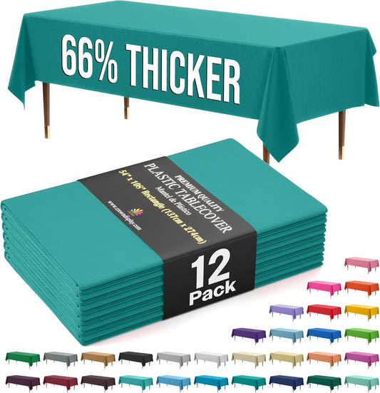 Exquisite 66% Thicker Premium Plastic Table Cloth Rectangle Table Cover 0.5 Mil 12 Pack Teal Table Cloth 54 Inch x 108 Inch Disposable Tablecloth Won't Tear Easily Like Cheap Thin Brands