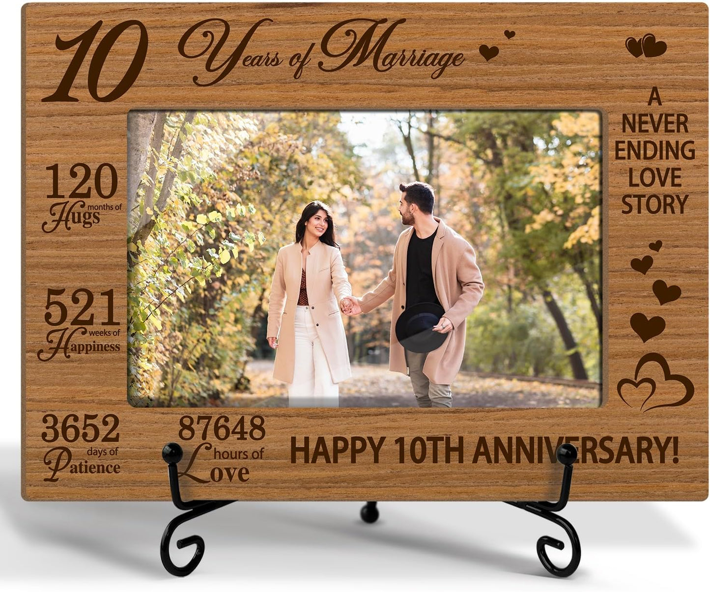 10 Years of Marriage Picture Frame, 10th Anniversary Wedding Valentines Gifts For Husband Wife Couple, 4x6 Wooden Picture Frame Tabletop Display Home Decor -04