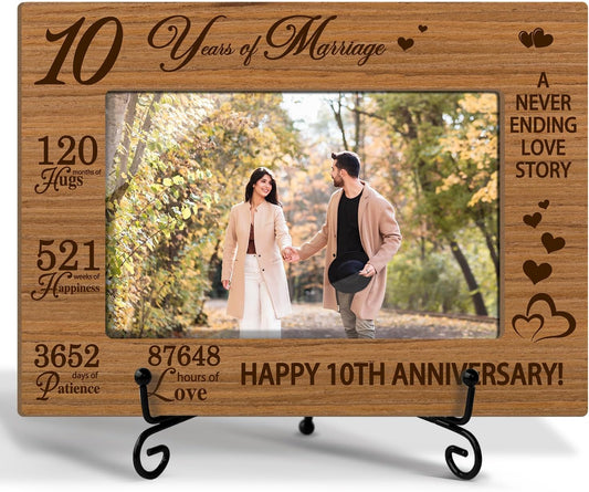 10 Years of Marriage Picture Frame, 10th Anniversary Wedding Valentines Gifts For Husband Wife Couple, 4x6 Wooden Picture Frame Tabletop Display Home Decor -04