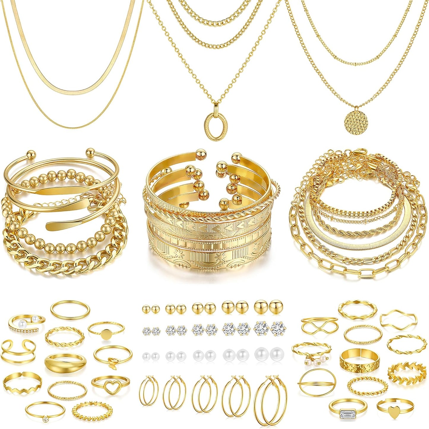 FAXHION 68 Pcs Gold Jewelry Set for Women with 7 Necklace, 17 Bracelet, 5 Hoop Earrings, 15 Stud Earrings, 24 Knuckle Rings for Women Jewelry Set for Women