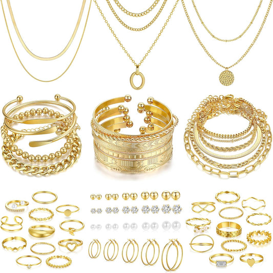 FAXHION 68 Pcs Gold Jewelry Set for Women with 7 Necklace, 17 Bracelet, 5 Hoop Earrings, 15 Stud Earrings, 24 Knuckle Rings for Women Jewelry Set for Women