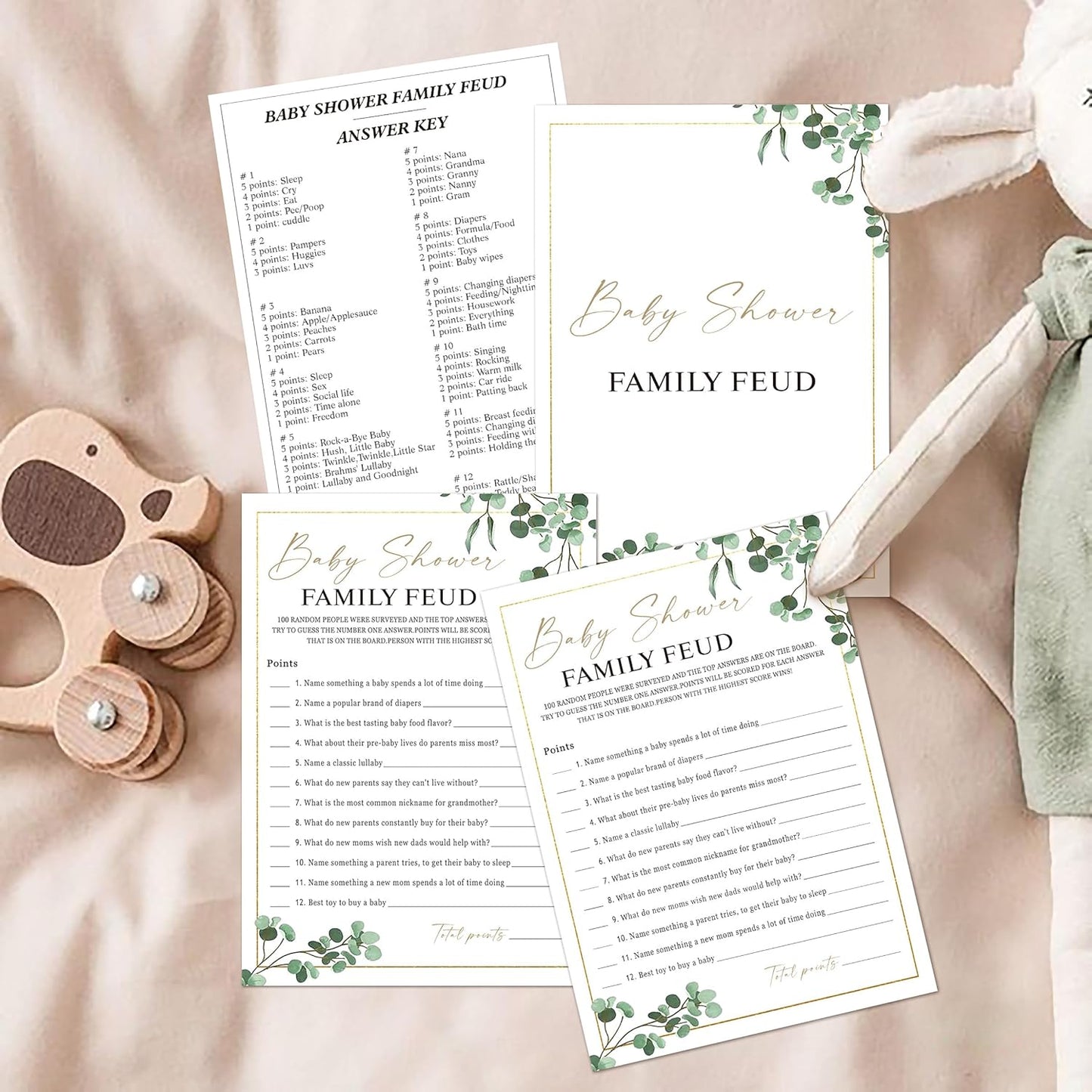 Family Feud Baby Shower Game - Pack of 30 Cards, Answer Key, Greenery Decorations, Feud Game Supplies-04