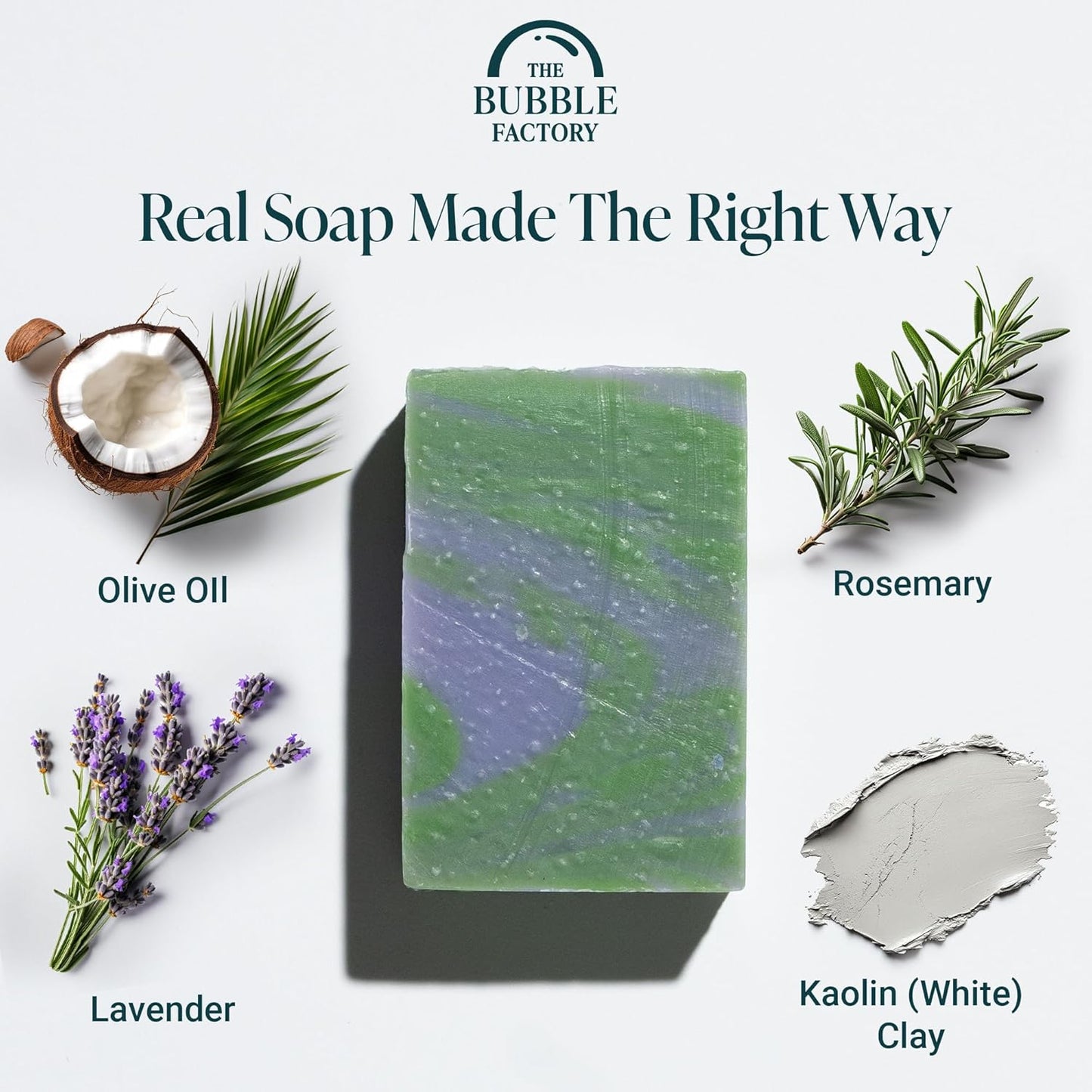 The Bubble Factory Handmade Natural Bath & Body Soap Bar, Vegan, All-Natural, Palm Oil Free, Made in USA with Shea Butter + Essential Oils, Lavender Rosemary, 3 Bars