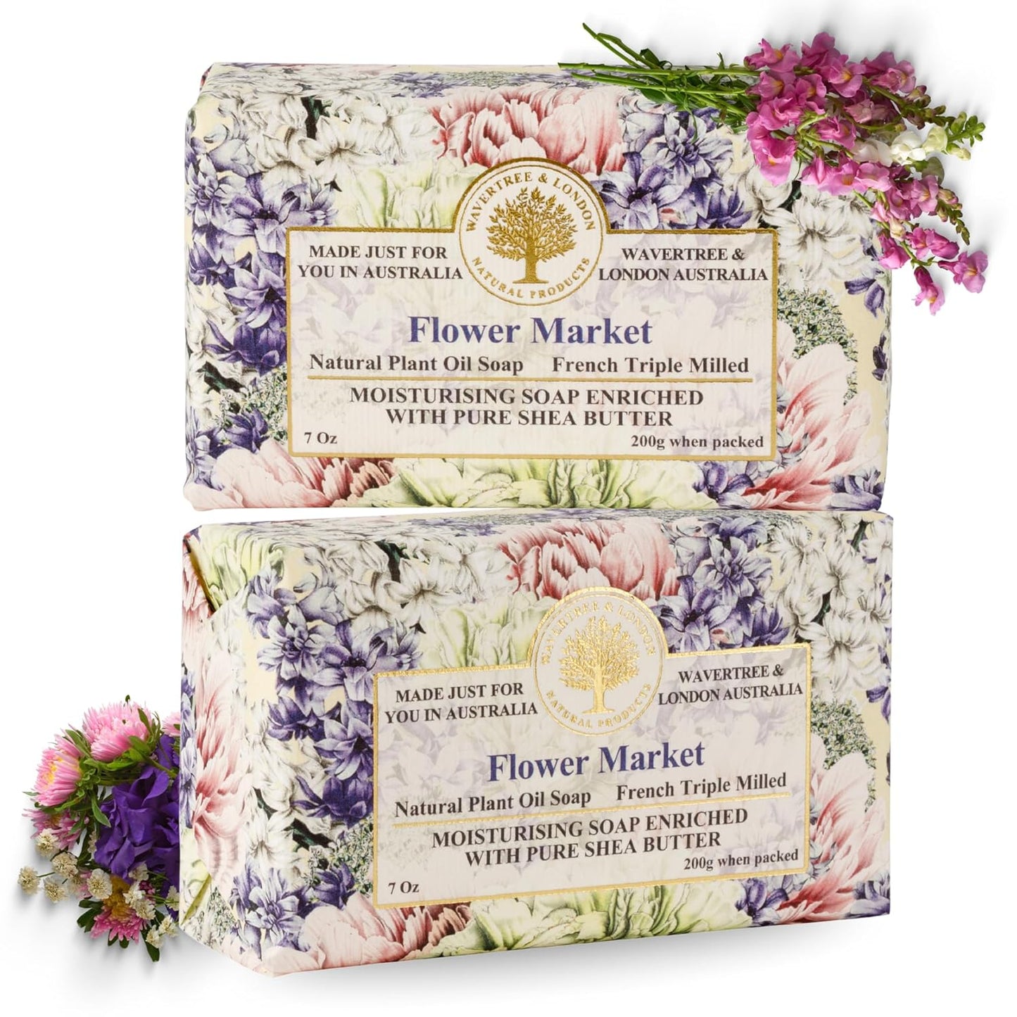 Wavertree & London Flower Market Scented Natural Soap (2 Bars), 7oz Moisturizing French Triple Milled Soap Bars enriched with shea butter - Pure Plant Based Bath & Body Bars for All Skin Types