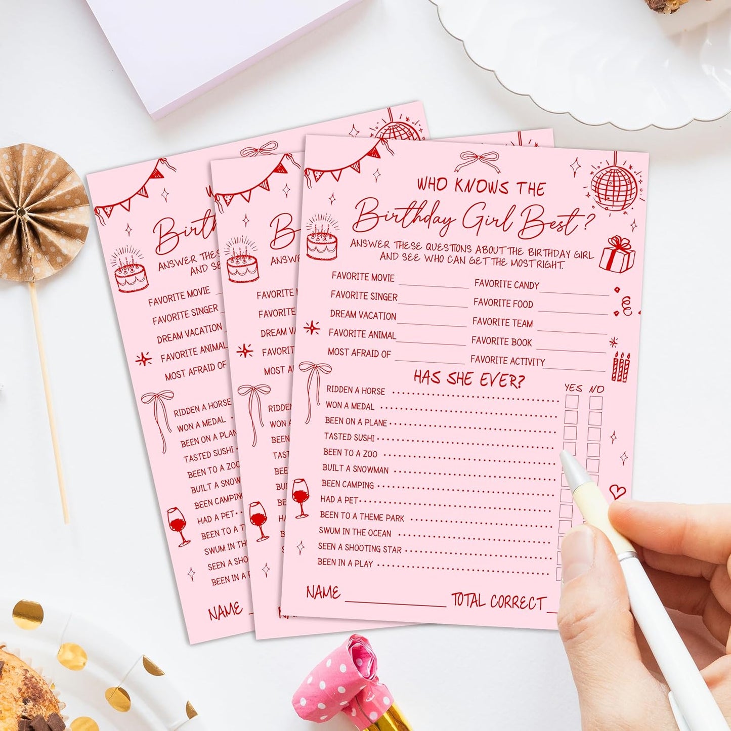 Birthday Party Games Card, Who Knows The Birthday Girl Best, Girls Sleepover Party Supplies for The Girls Card Game, 5x7 Inch Set of 25 Game Cards (Pink, Double-Sided) - A07